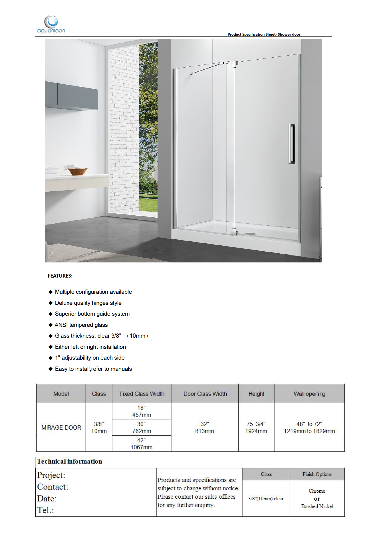 Aquamoon Mirage Semi Frameless Shower Door W 60 x H 76, One Fix Panel and One Swing Door, Chrome Finish 