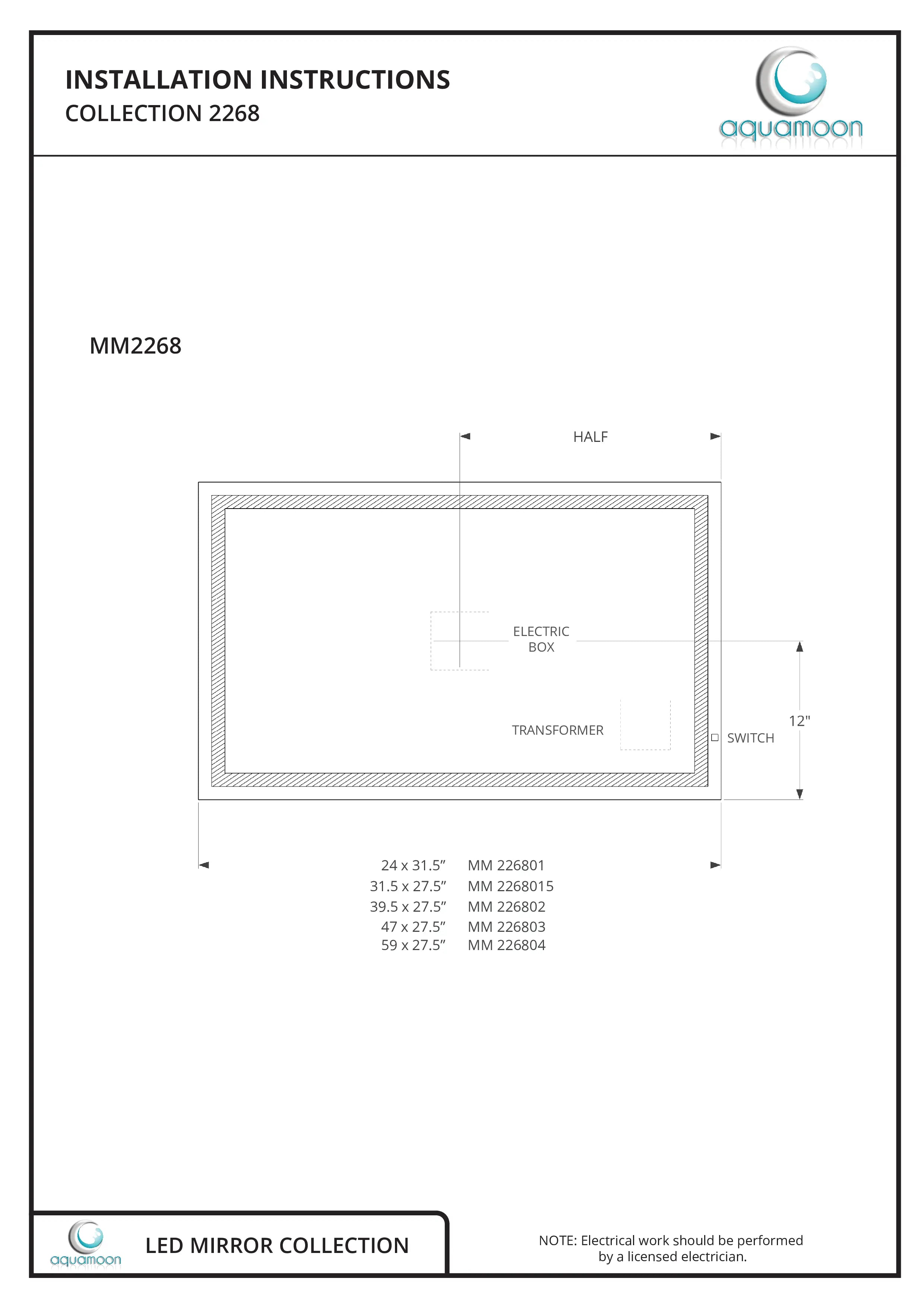 Aquamoon 2268 LED Bathroom Mirror 72" x 36" Wall Mounted Side Switch 6000K High Lumen