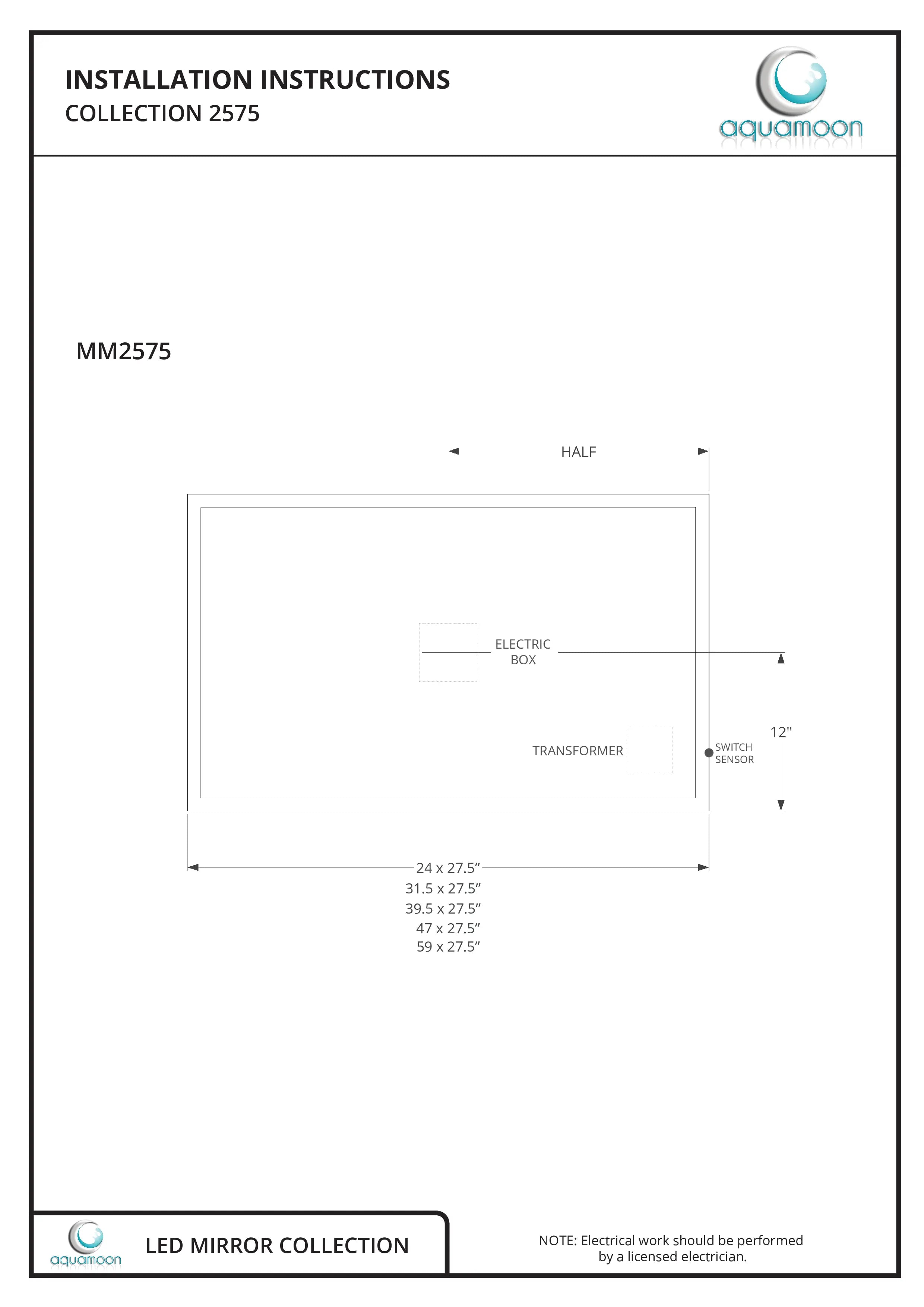 Aquamoon 2575 LED Bathroom Mirror 24" x 31" Wall Mounted Side Switch with Black Frame