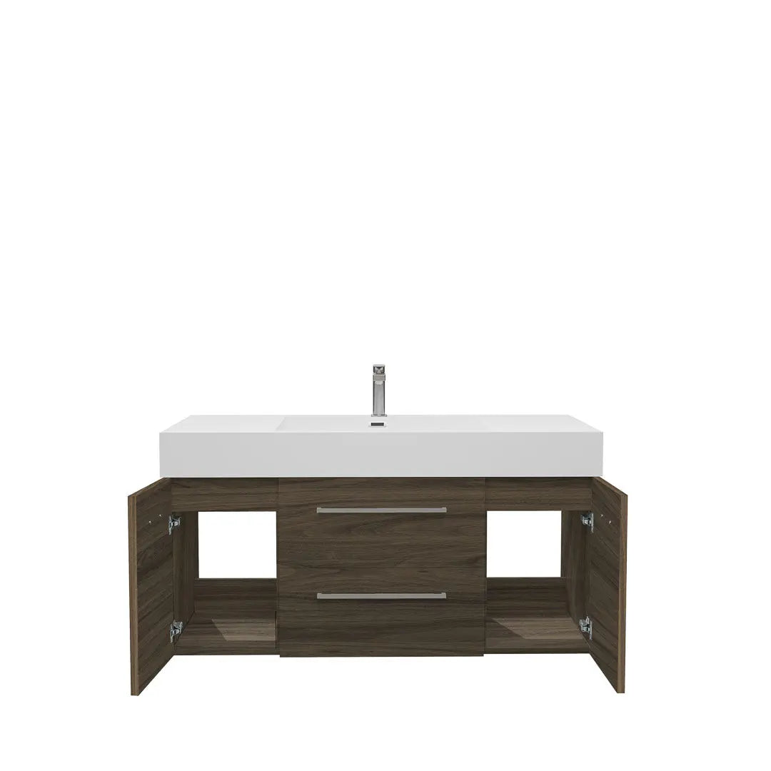 Maya Duo 47.5 Walnut High Gloss Cabinet, Square Cultured Marble Sink, Wall Mounted Modern Vanity Set 