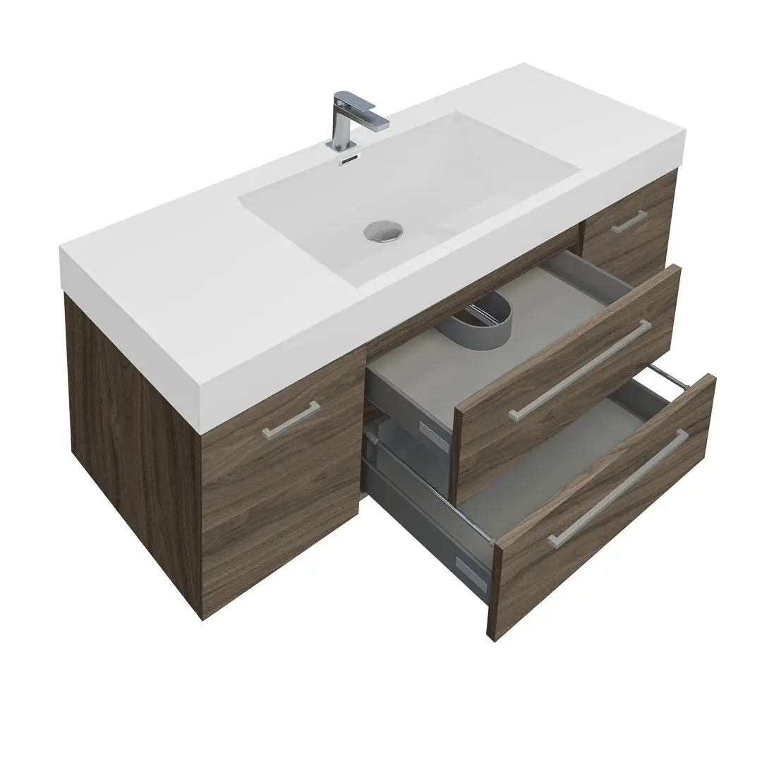 Maya Duo 47.5 Walnut High Gloss Cabinet, Square Cultured Marble Sink, Wall Mounted Modern Vanity Set 