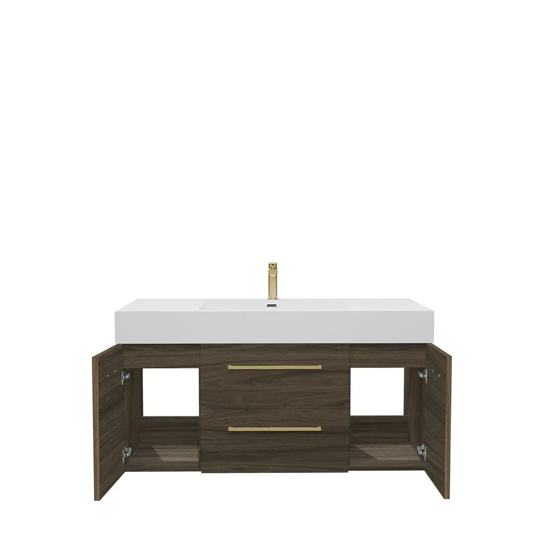 Maya Duo 47.5 Walnut High Gloss Cabinet, Square Cultured Marble Sink, Wall Mounted Modern Vanity Set 
