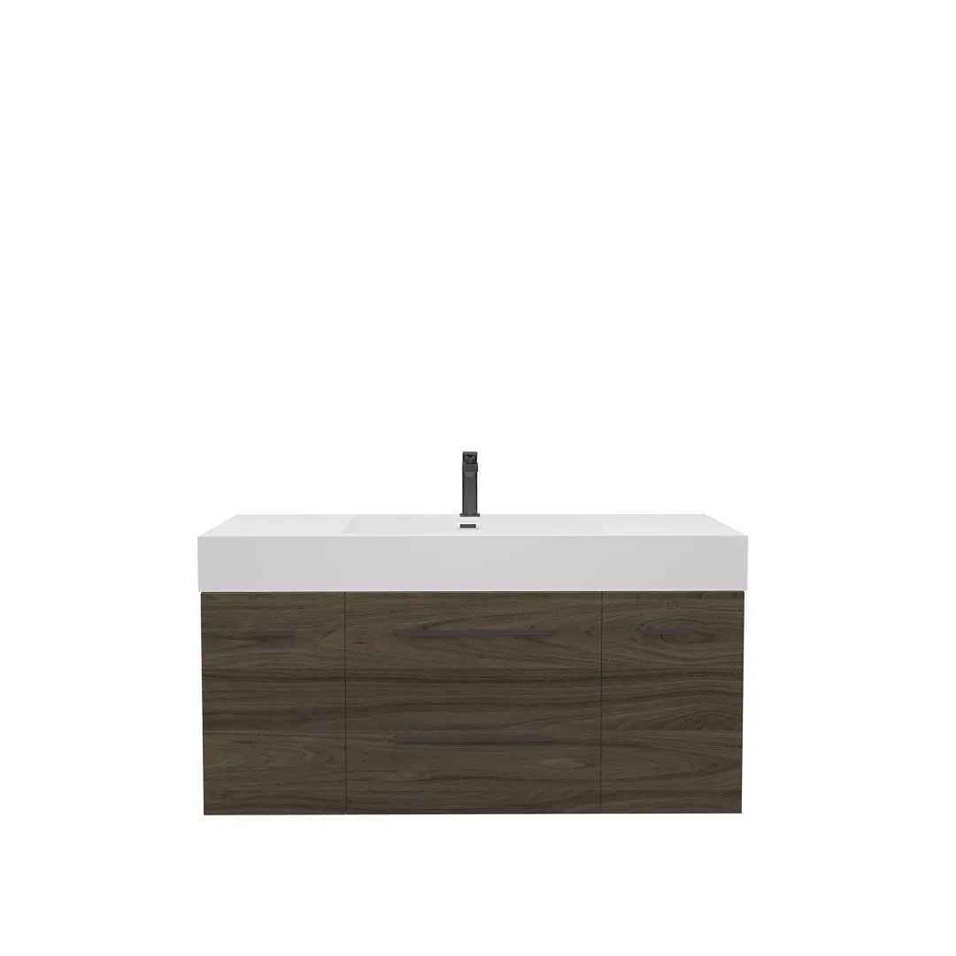 Maya Duo 47.5 Walnut High Gloss Cabinet, Square Cultured Marble Sink, Wall Mounted Modern Vanity Set 