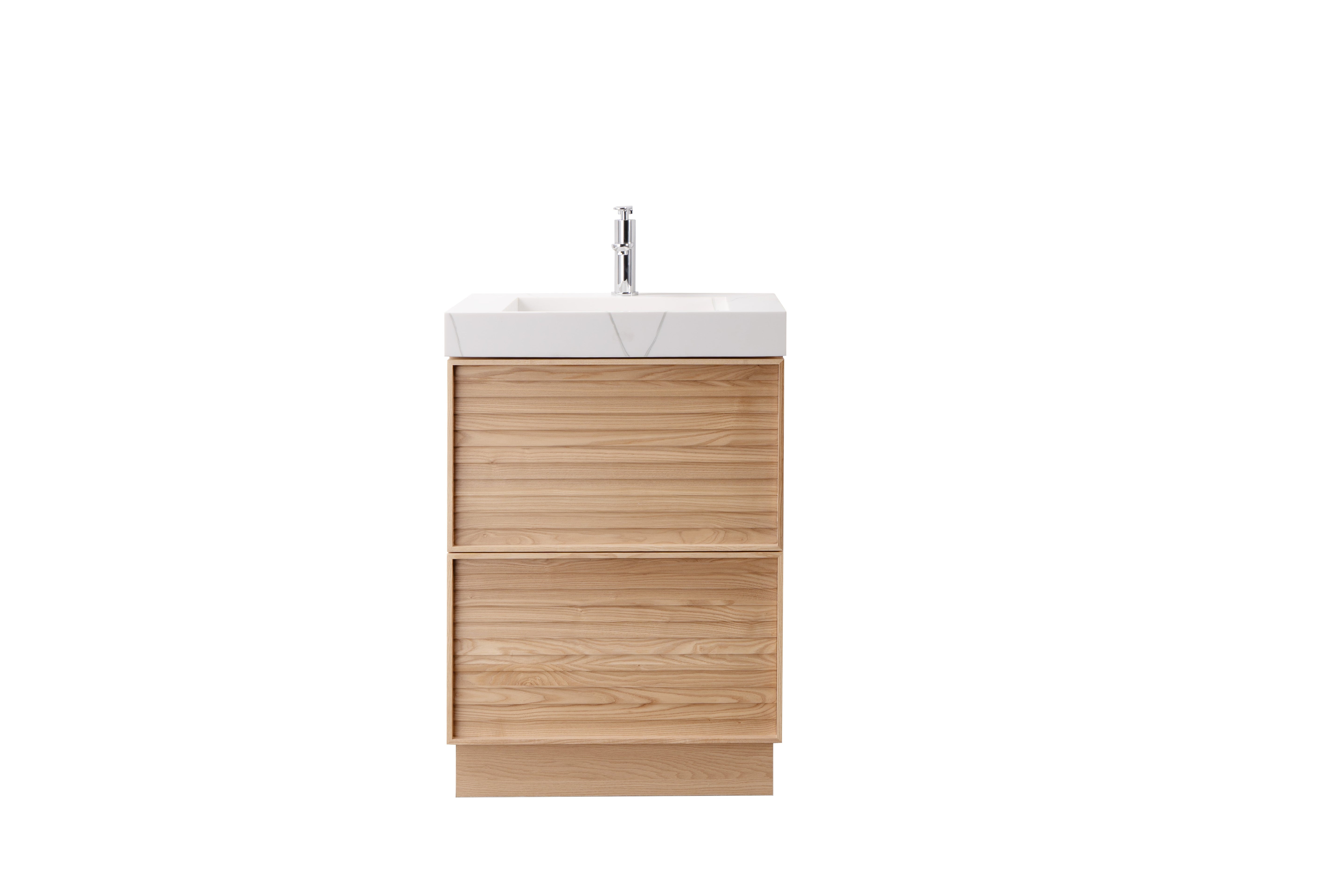 Nara 23.5 Single Natural Oak Cabinet, Solid Surface CARRARA Infinity Sink, Freestanding Modern Vanity Set 