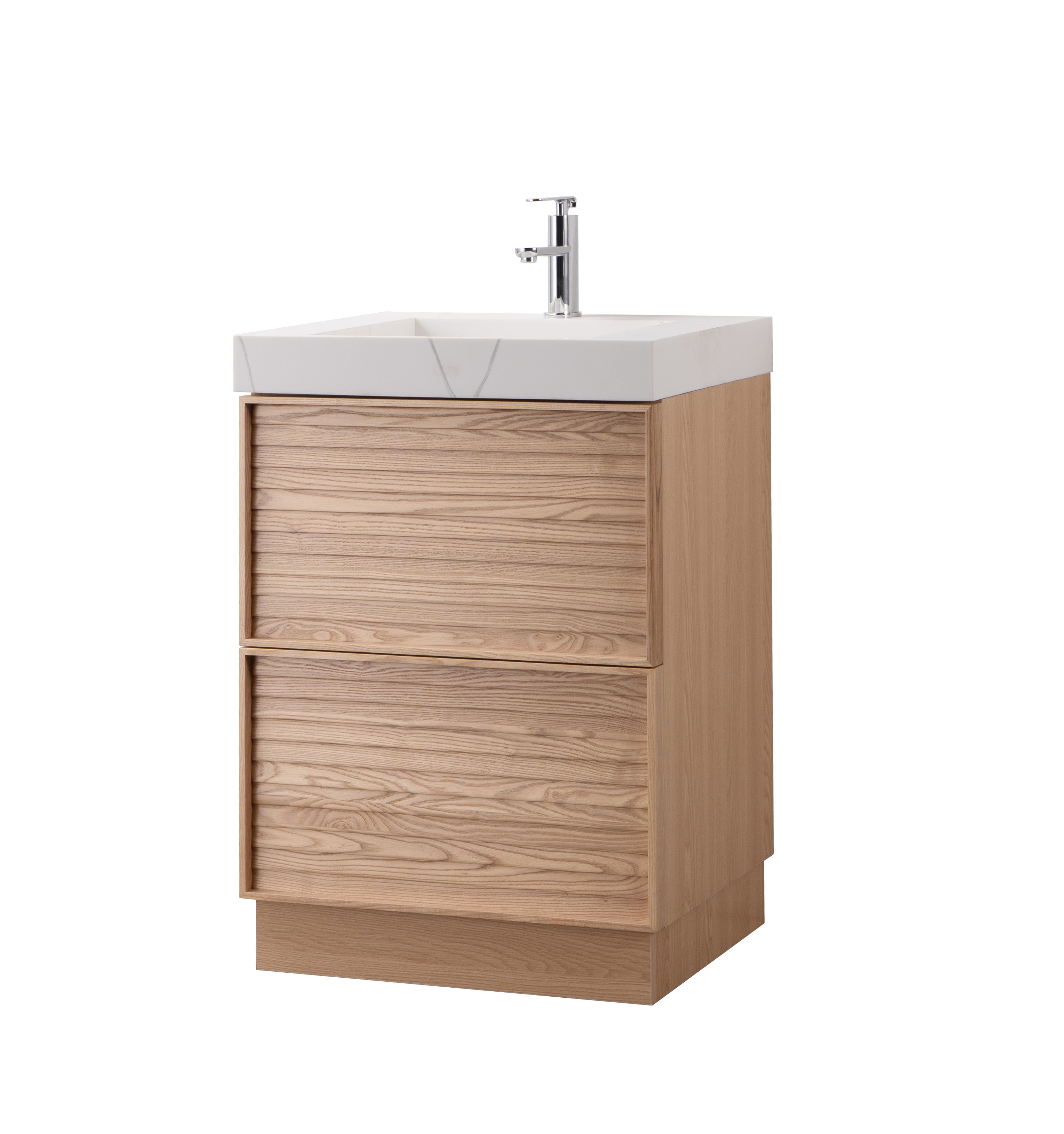 Nara 23.5 Single Natural Oak Cabinet, Solid Surface CARRARA Infinity Sink, Freestanding Modern Vanity Set 