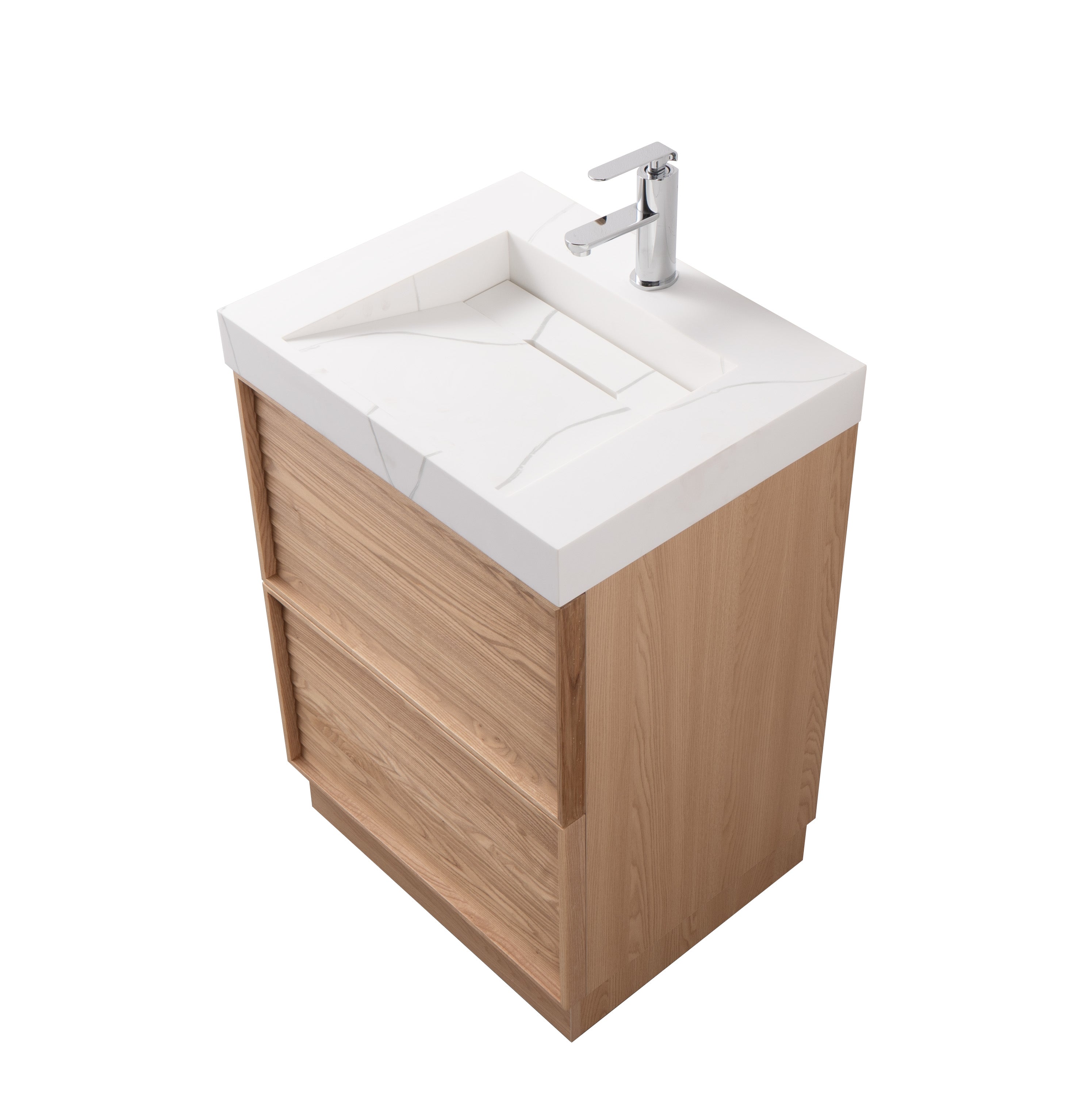Nara 23.5 Single Natural Oak Cabinet, Solid Surface CARRARA Infinity Sink, Freestanding Modern Vanity Set 