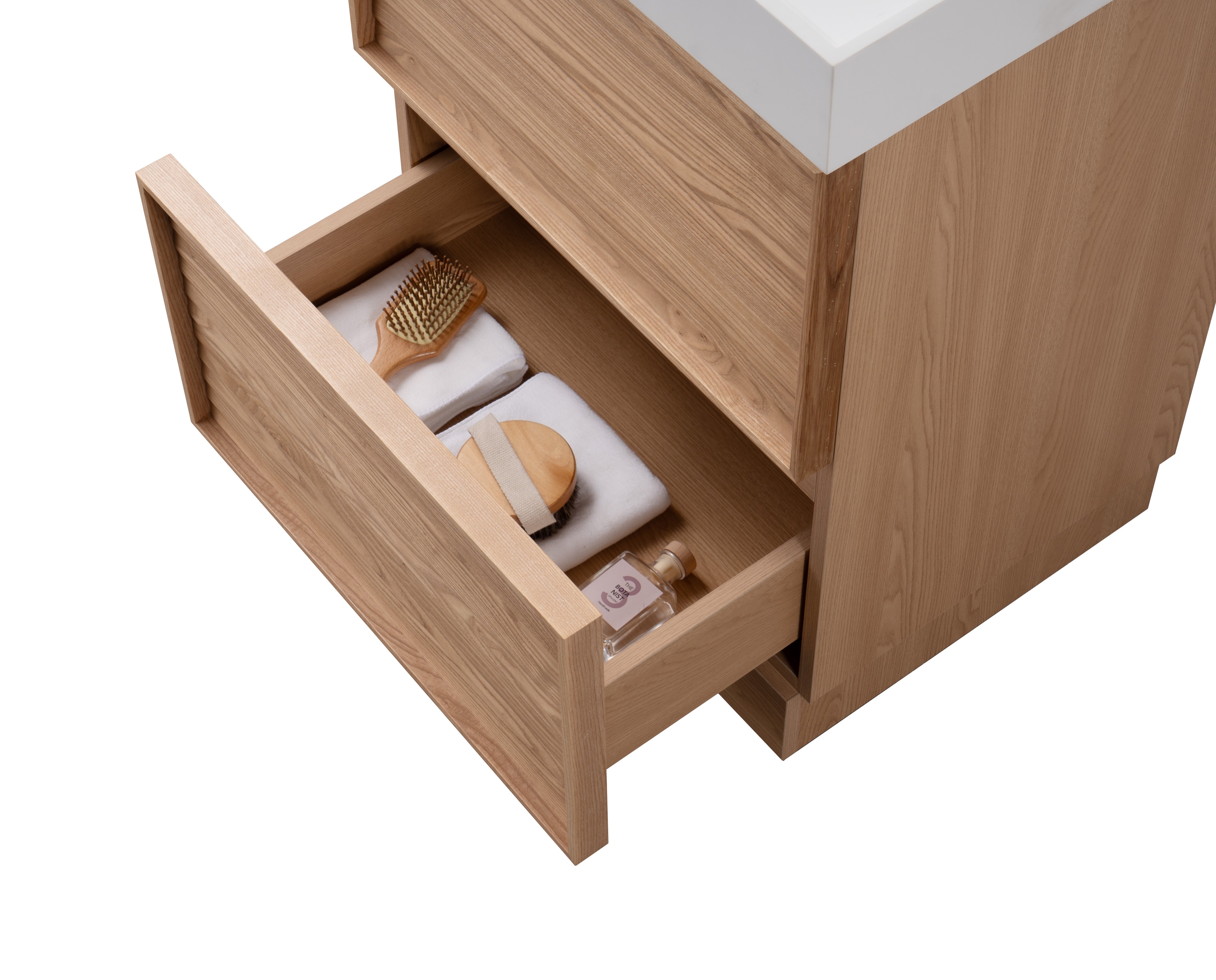 Nara 23.5 Single Natural Oak Cabinet, Solid Surface CARRARA Infinity Sink, Freestanding Modern Vanity Set 