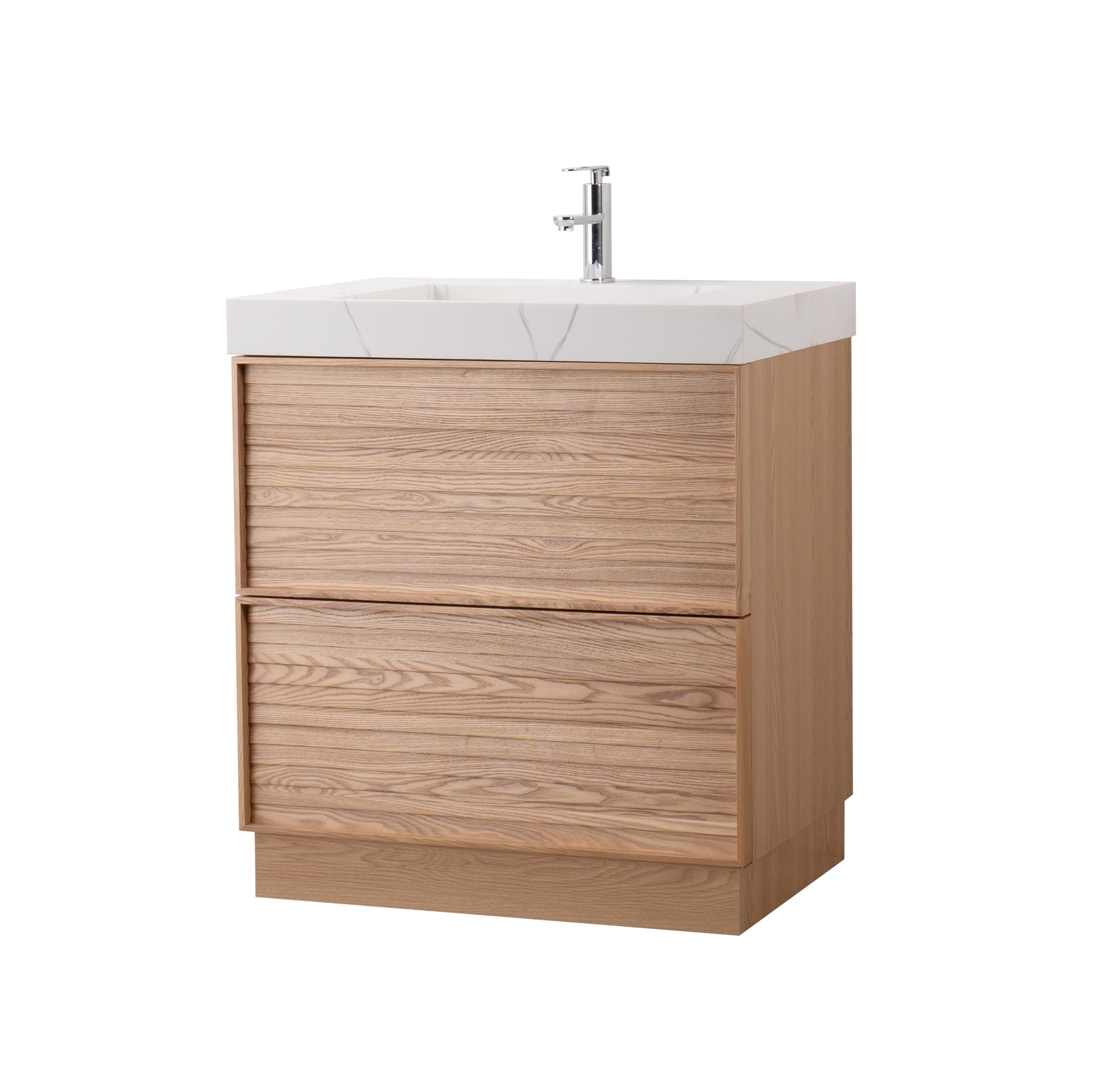 Nara 31.5 Single Natural Oak Cabinet, Solid Surface CARRARA Infinity Sink, Freestanding Modern Vanity Set (Copy) 