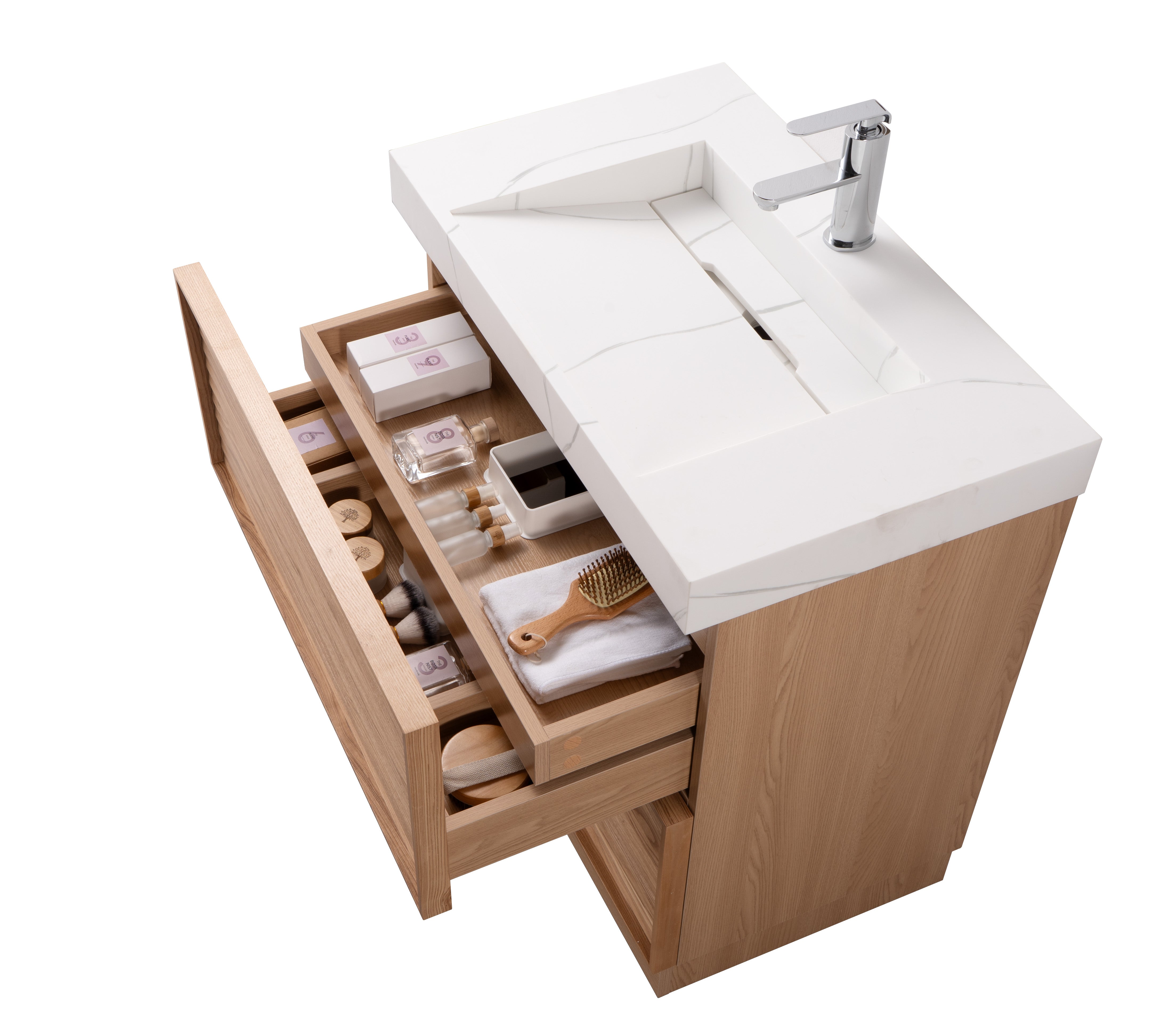 Nara 31.5 Single Natural Oak Cabinet, Solid Surface CARRARA Infinity Sink, Freestanding Modern Vanity Set (Copy) 