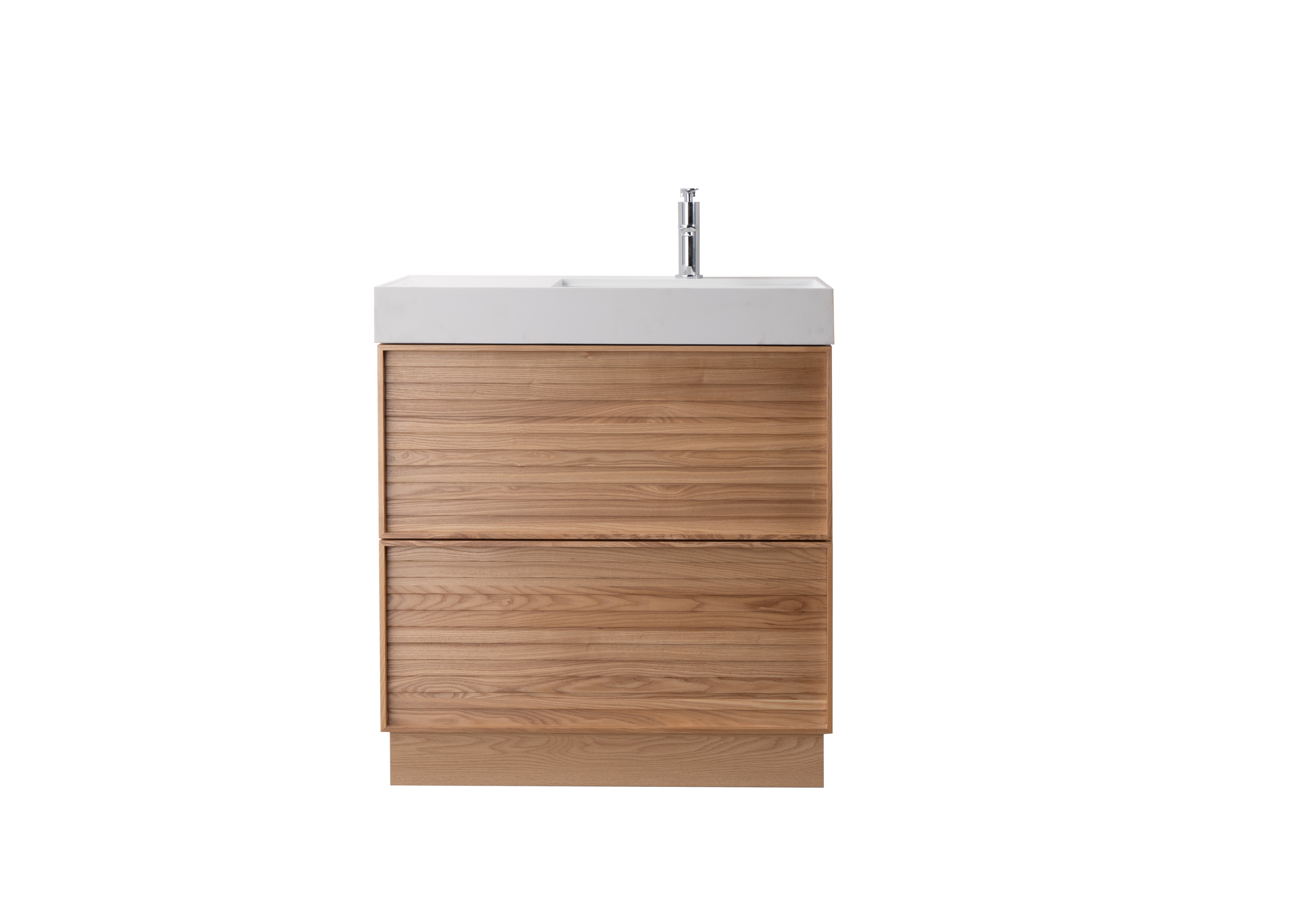 Nara 31.5 Natural Oak Cabinet, Solid Surface ORUS Infinity Sink, Freestanding Modern Vanity Set 