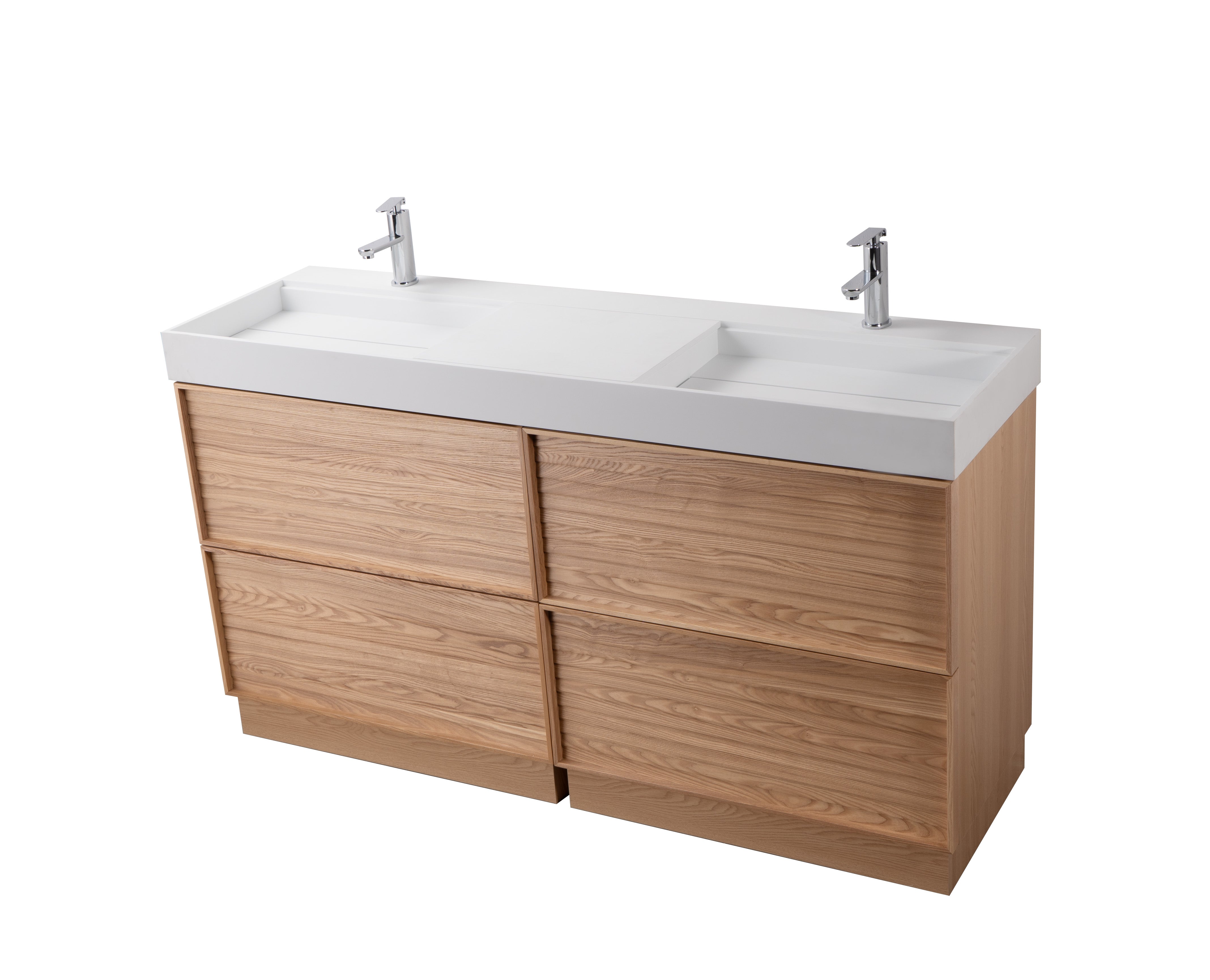 Nara 63" Double Natural Oak Cabinet, Solid Surface ORUS Infinity Sink, Freestanding Modern Vanity Set 