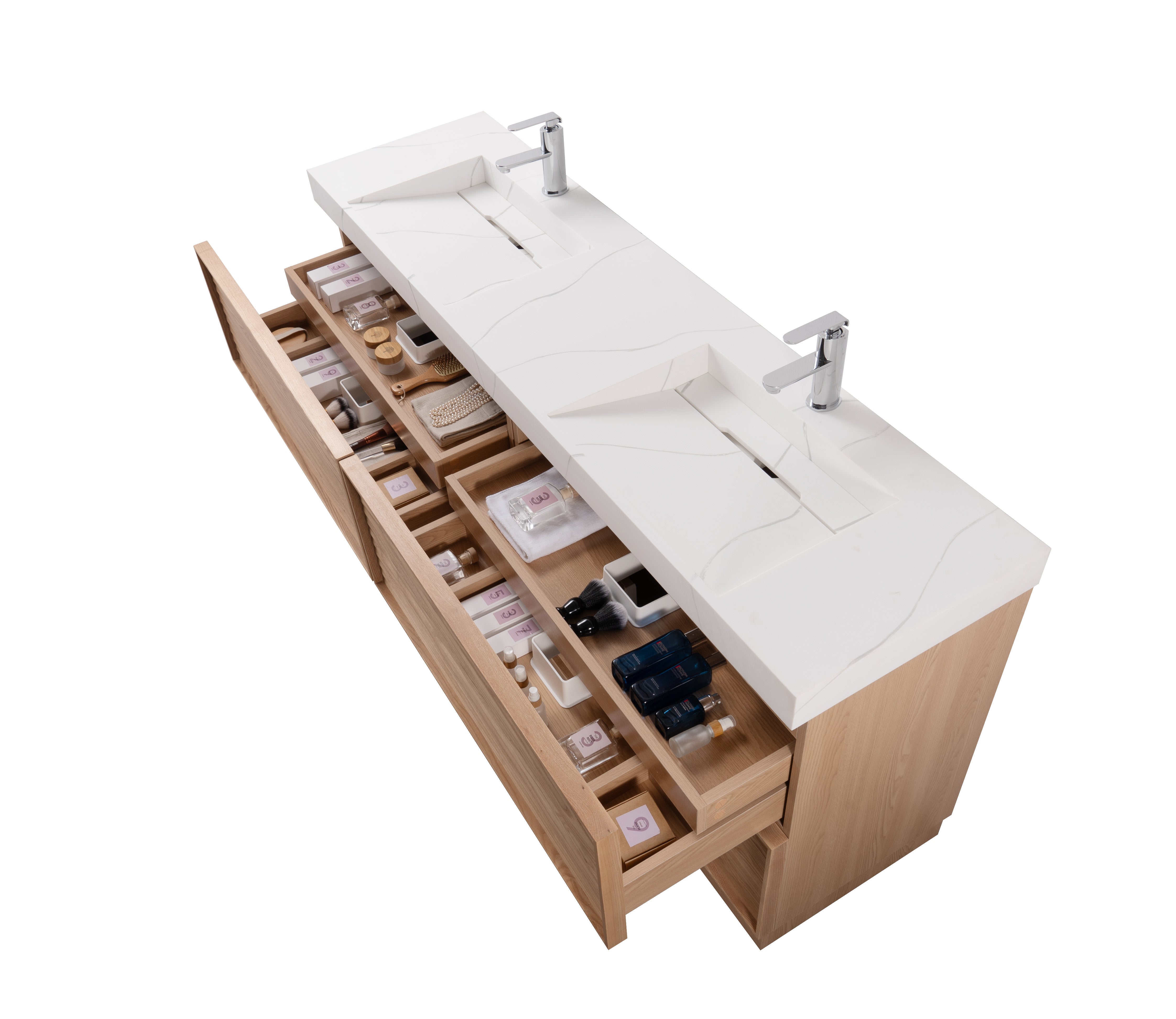 Nara 72" Double Natural Oak Cabinet, Solid Surface CARRARA Infinity Sink, Freestanding Modern Vanity Set 