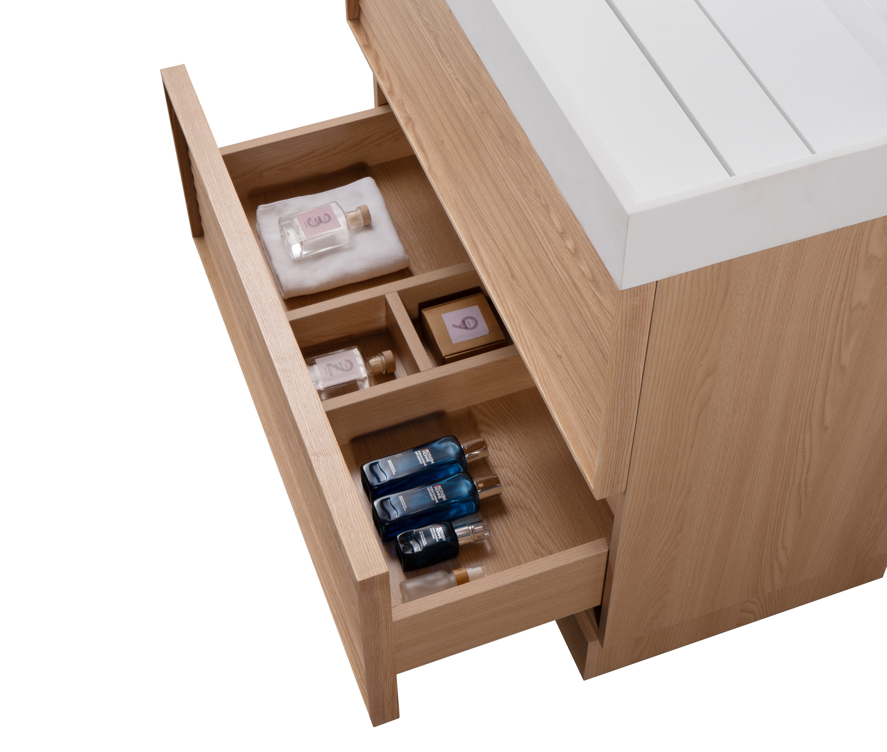 Nara 35.5 Natural Oak Cabinet, Solid Surface ORUS Infinity Sink, Freestanding Modern Vanity Set 