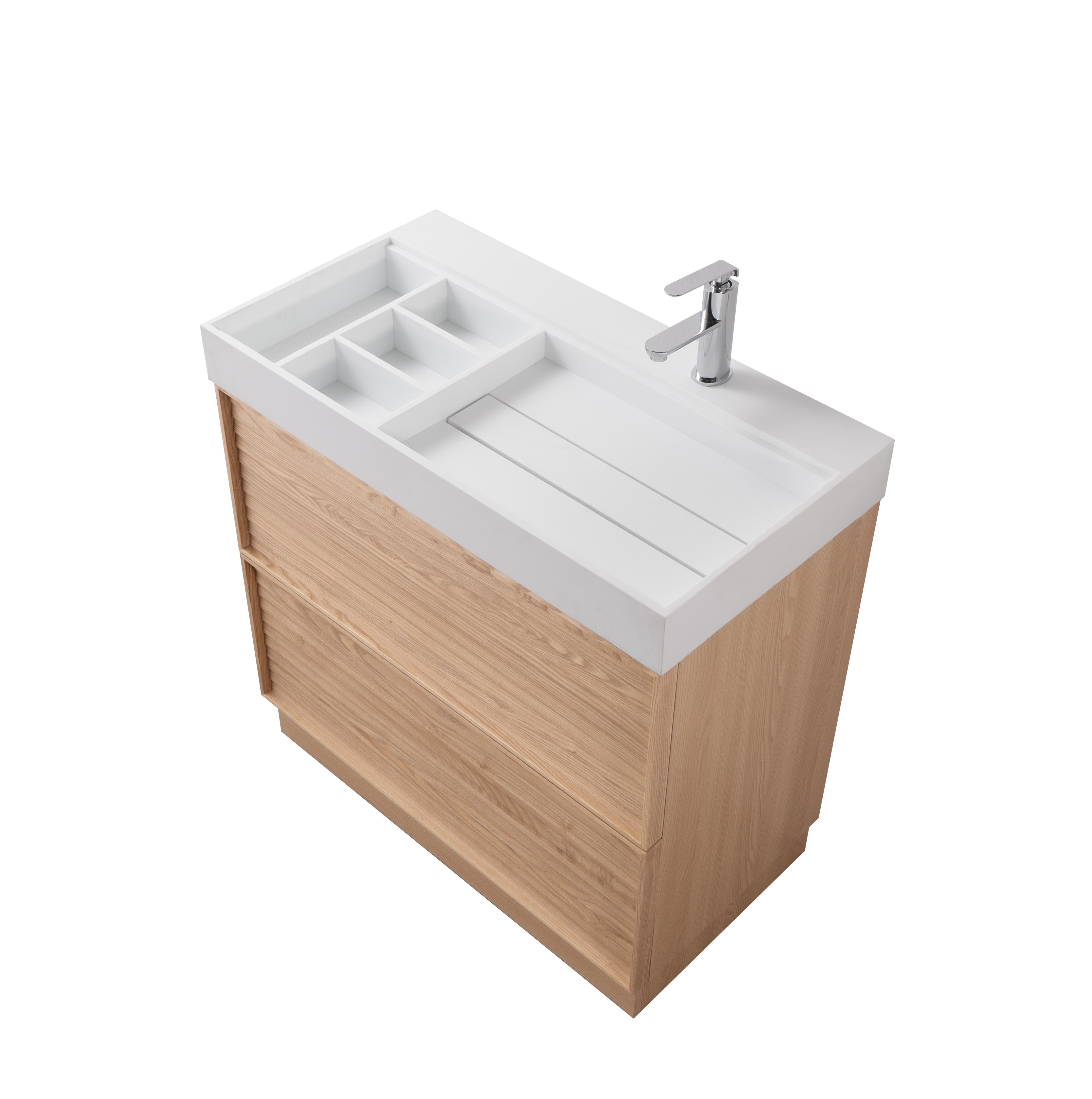 Nara 35.5 Natural Oak Cabinet, Solid Surface ORUS Infinity Sink, Freestanding Modern Vanity Set 