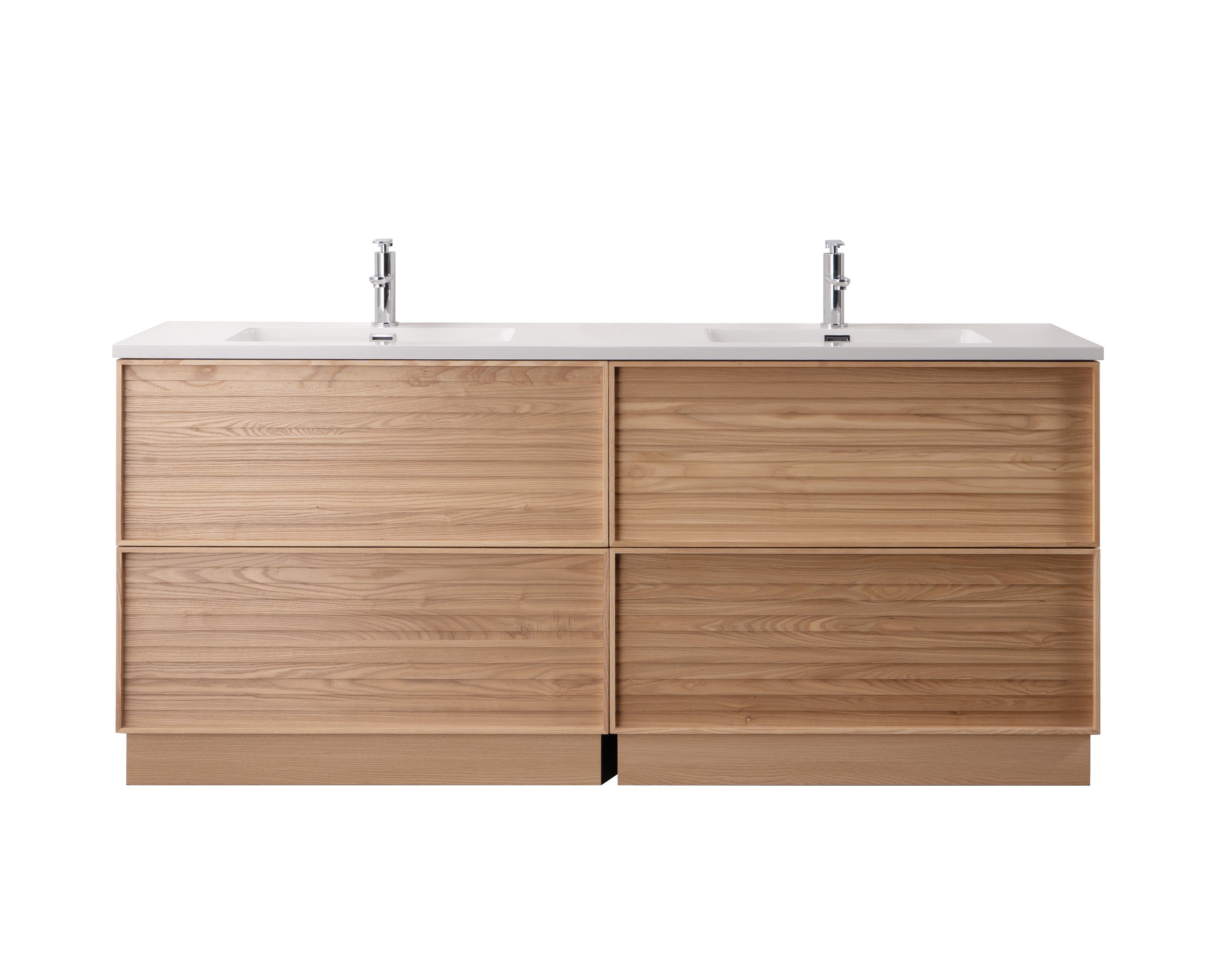Nara 72" Double Natural Oak Cabinet, Square Culture Marble Square Sink, Freestanding Modern Vanity Set 