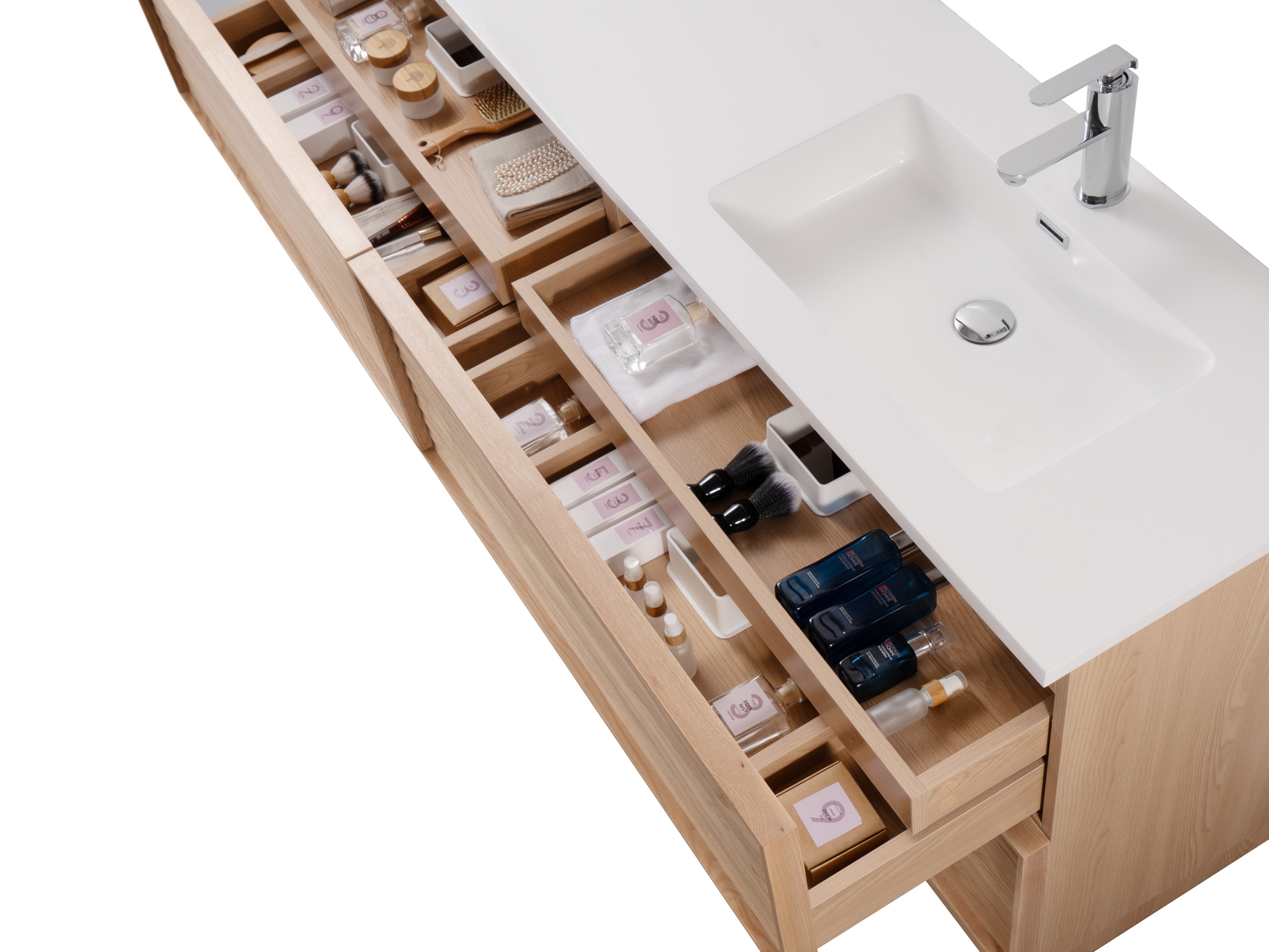 Nara 72" Double Natural Oak Cabinet, Square Culture Marble Square Sink, Freestanding Modern Vanity Set 