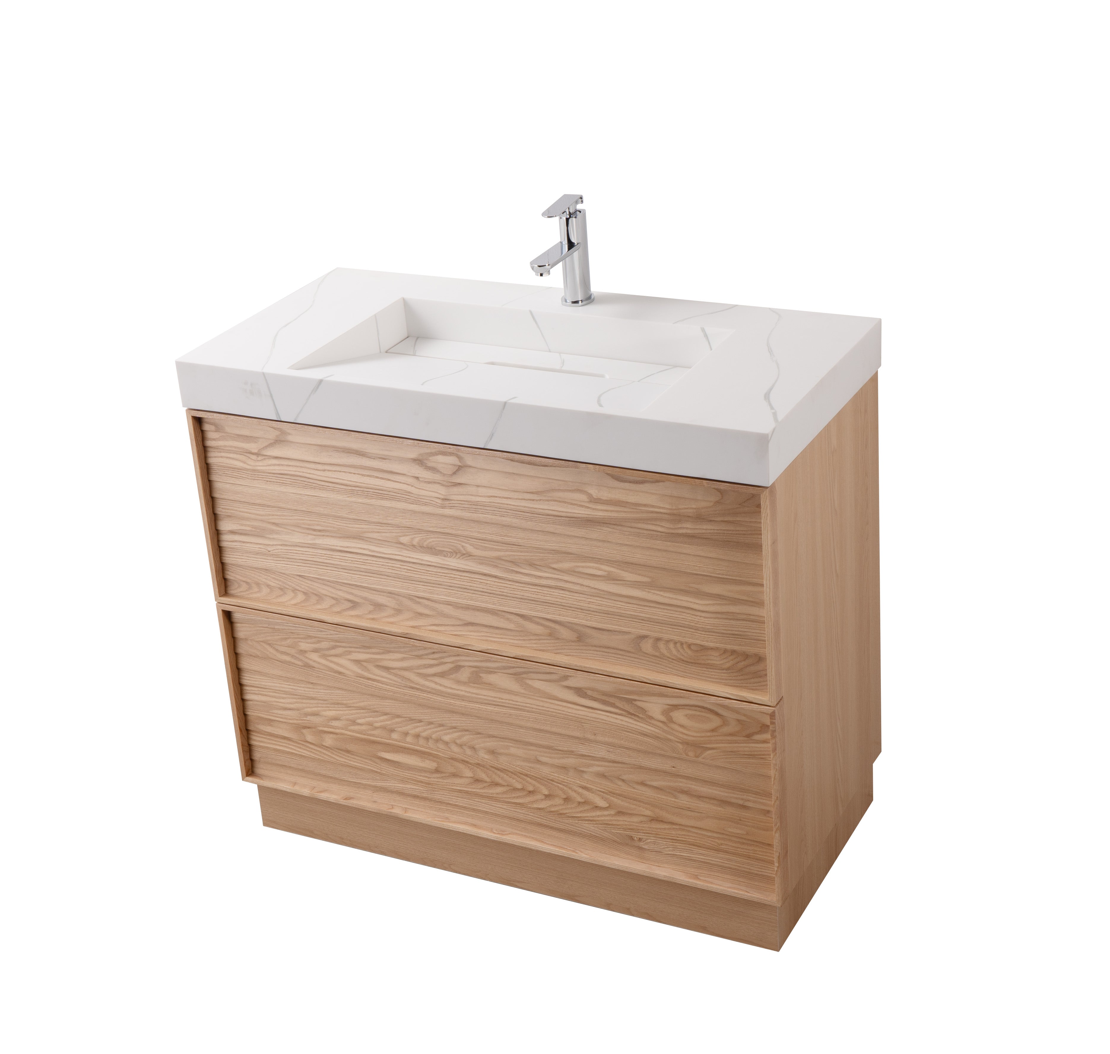 Nara 35.5 Single Natural Oak Cabinet, Solid Surface CARRARA Infinity Sink, Freestanding Modern Vanity Set 