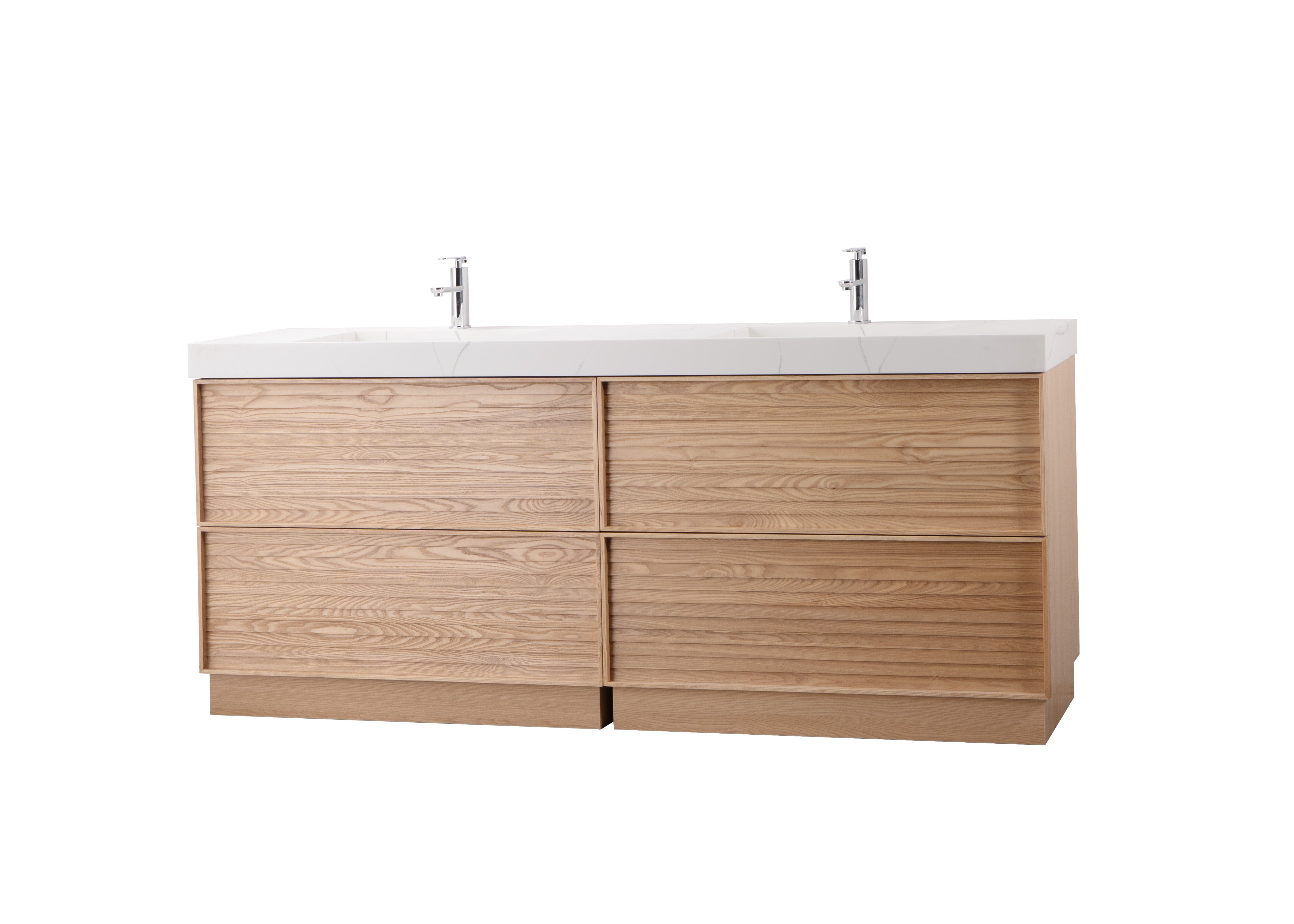 Nara 80" Double Natural Oak Cabinet, Solid Surface CARRARA Infinity Sink, Freestanding Modern Vanity Set 