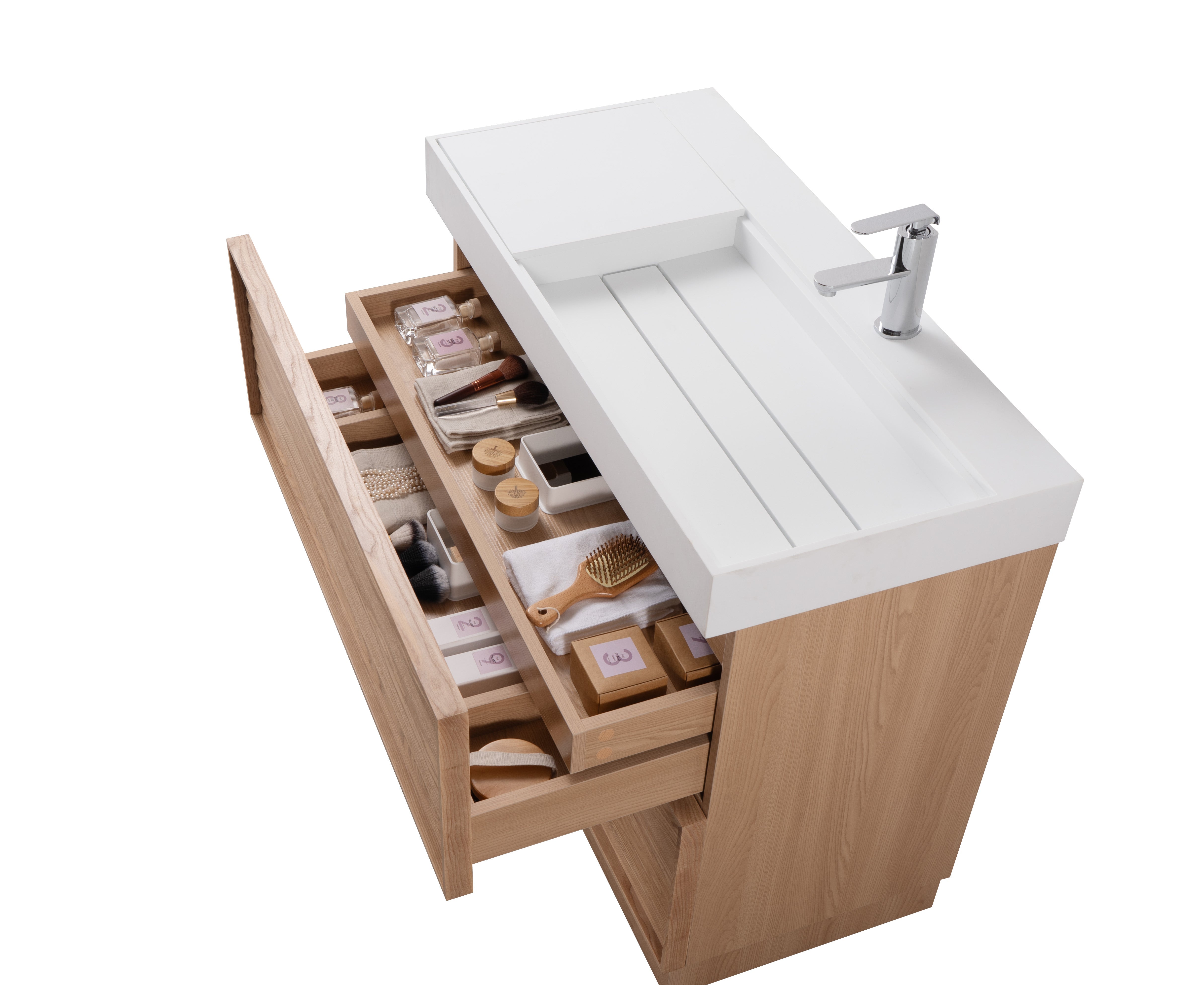 Nara 39.5 Natural Oak Cabinet, Solid Surface ORUS Infinity Sink, Freestanding Modern Vanity Set 