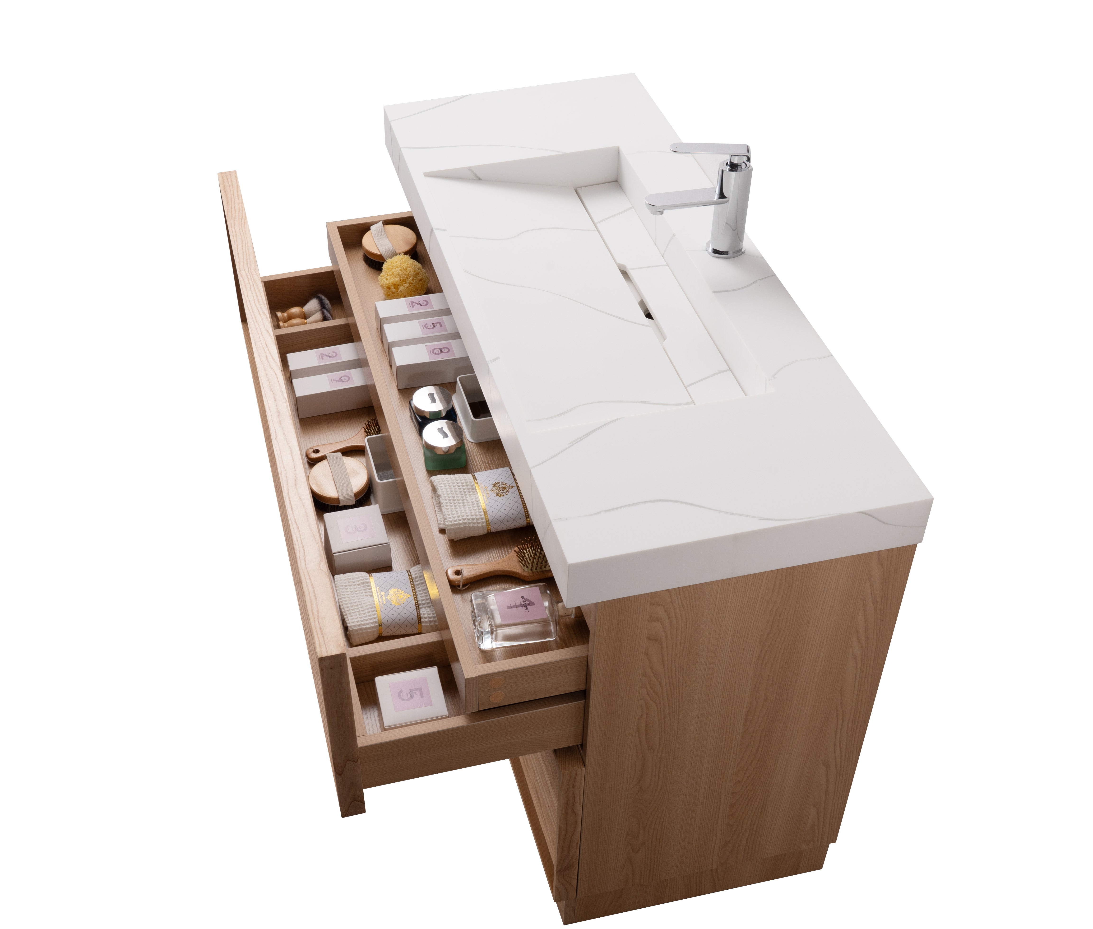 Nara 39.5 Single Natural Oak Cabinet, Solid Surface CARRARA Infinity Sink, Freestanding Modern Vanity Set (Copy) 