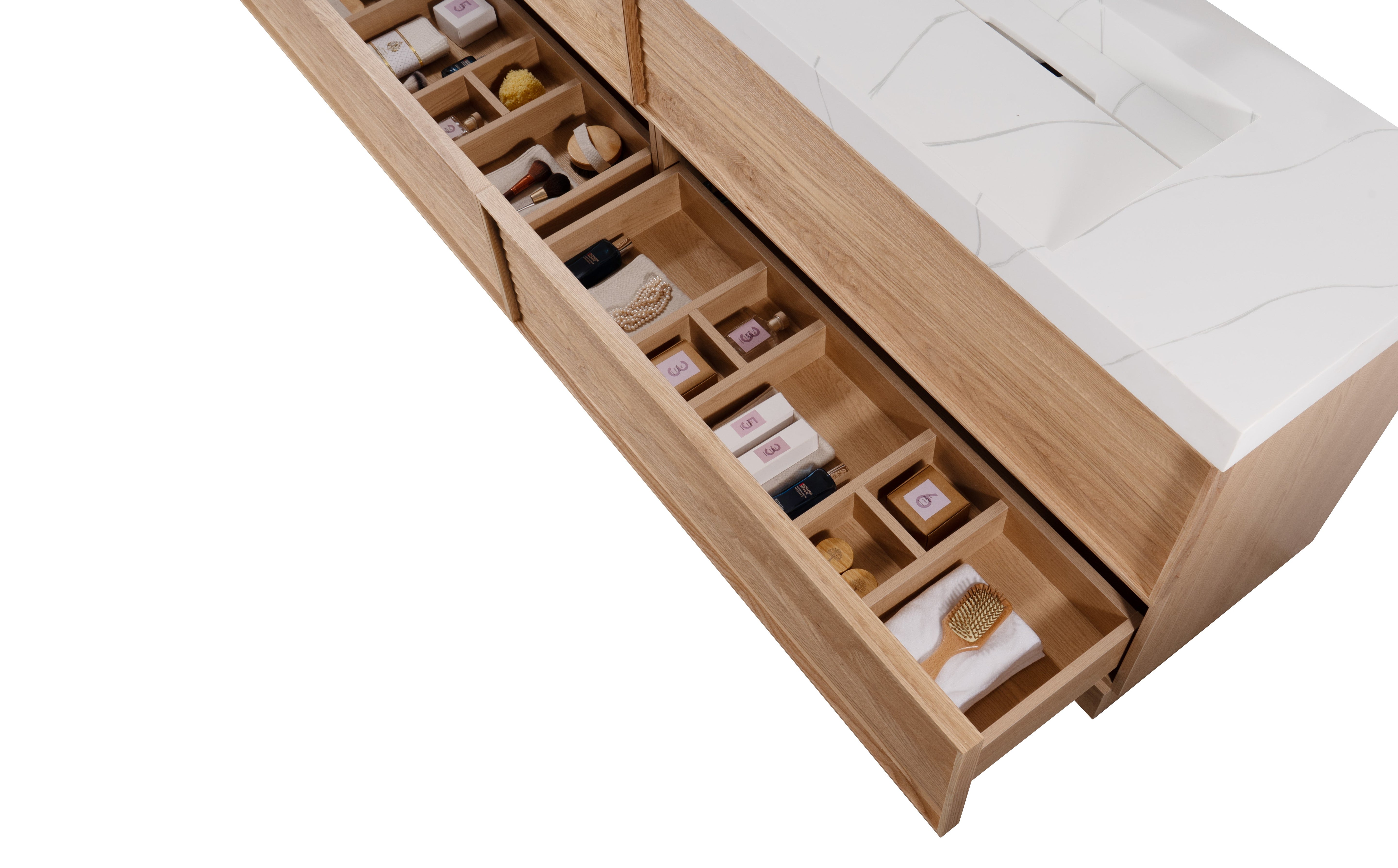 Nara 96" Double Natural Oak Cabinet, Solid Surface CARRARA Infinity Sink, Freestanding Modern Vanity Set (Copy) 