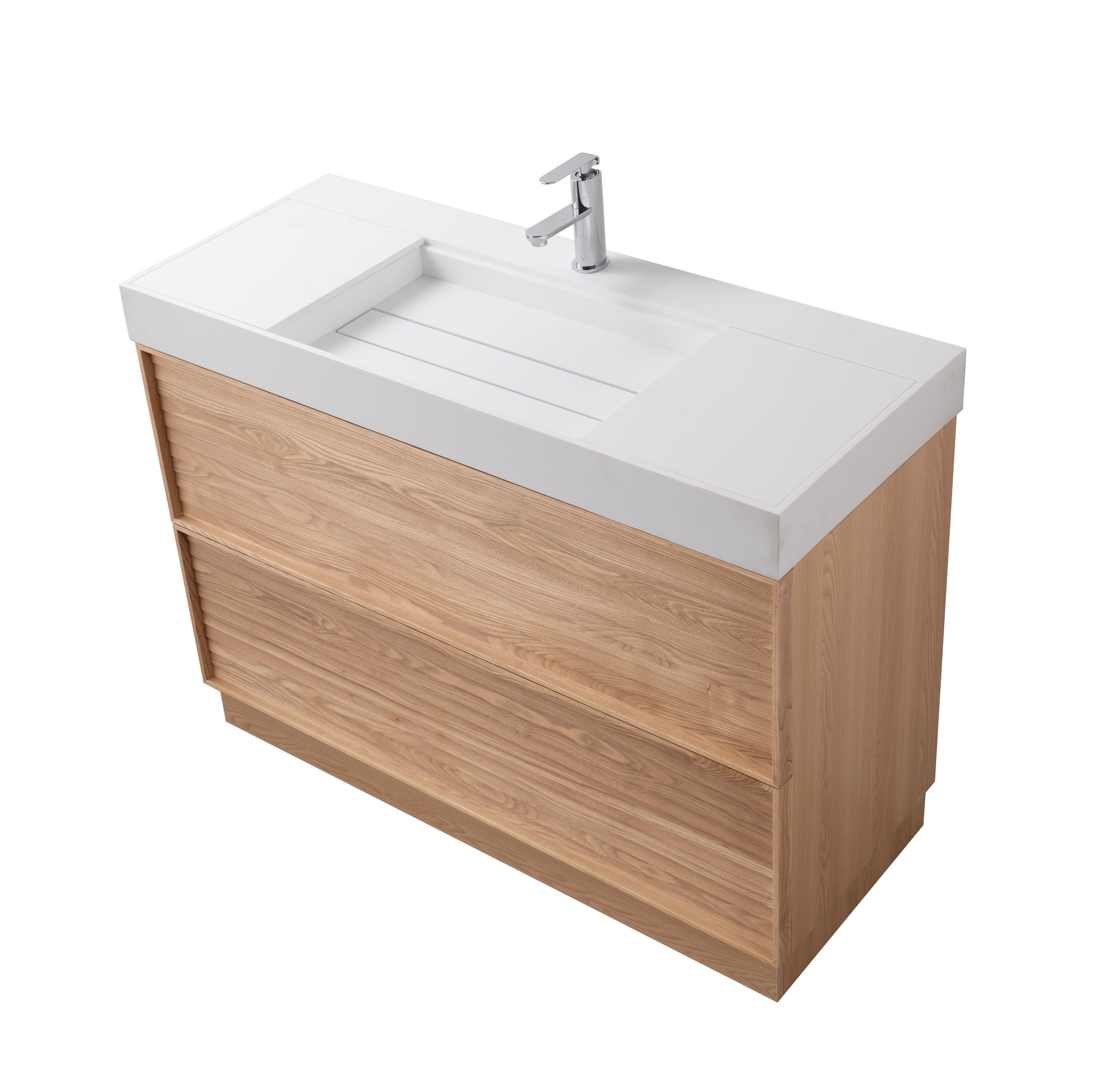 Nara 47.5 Single Natural Oak Cabinet, Solid Surface ORUS Infinity Sink, Freestanding Modern Vanity Set 