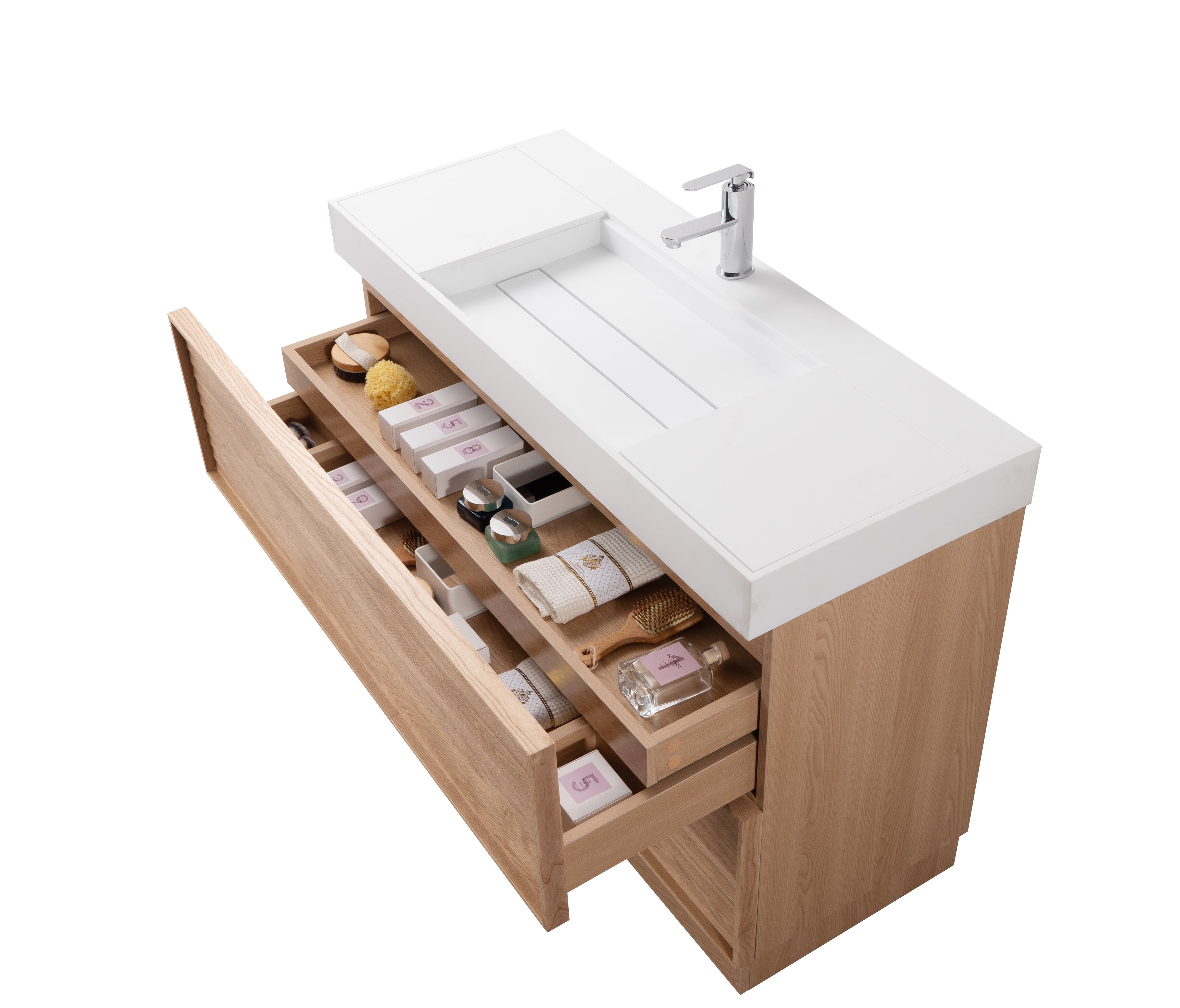 Nara 47.5 Single Natural Oak Cabinet, Solid Surface ORUS Infinity Sink, Freestanding Modern Vanity Set 