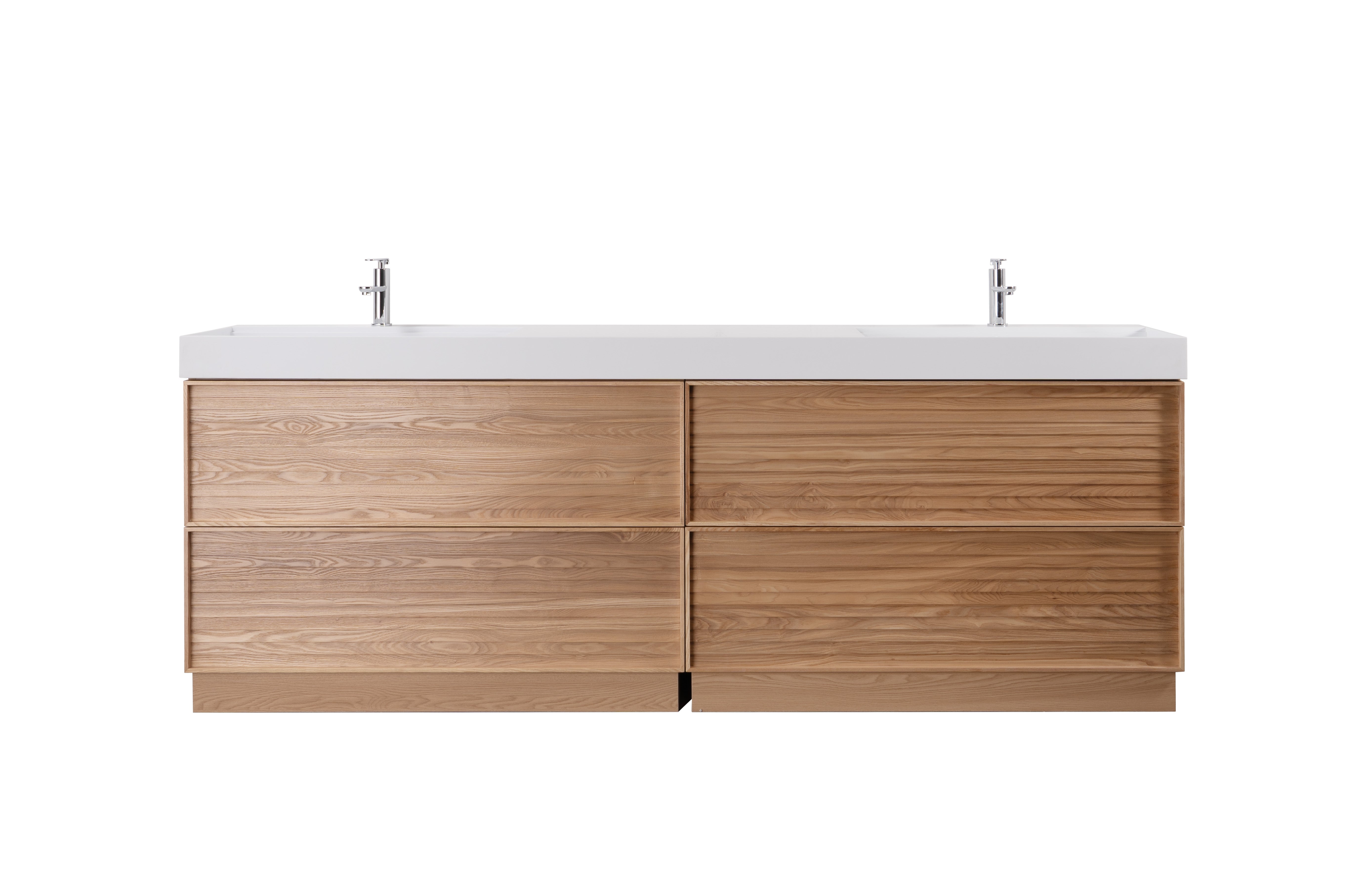 Nara 96" Double Natural Oak Cabinet, Solid Surface ORUS Infinity Sink, Freestanding Modern Vanity Set 