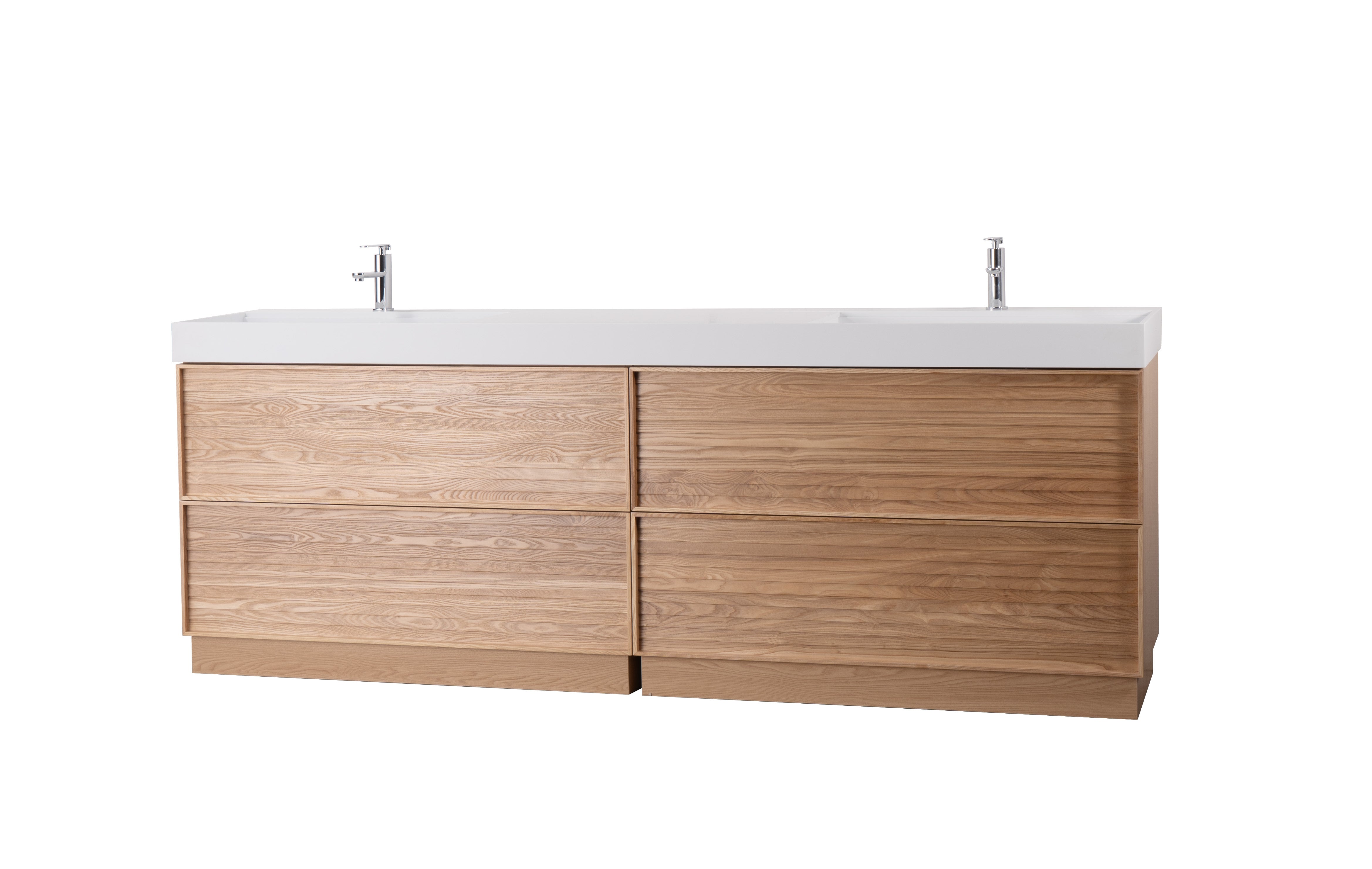 Nara 96" Double Natural Oak Cabinet, Solid Surface ORUS Infinity Sink, Freestanding Modern Vanity Set 