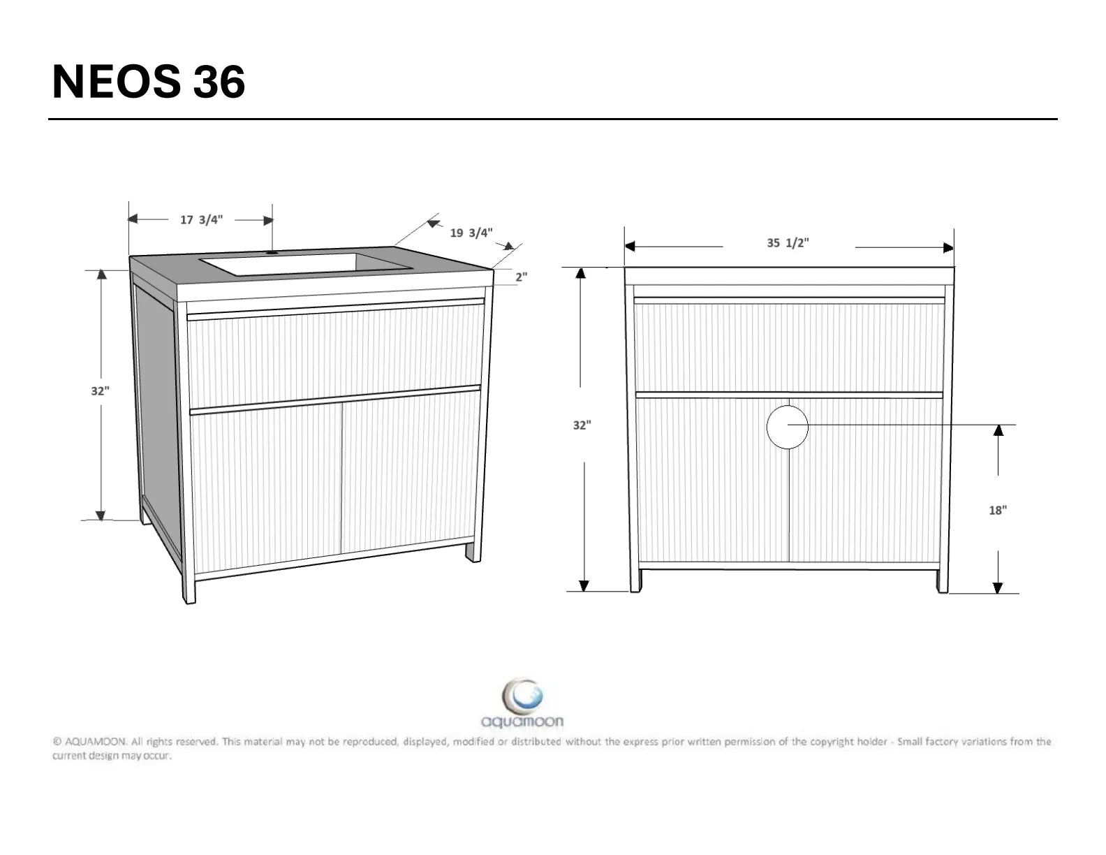 Neos 35.5 Matte Black Cabinet, Square Cultured Marble Sink, Free Standing Modern Vanity Set