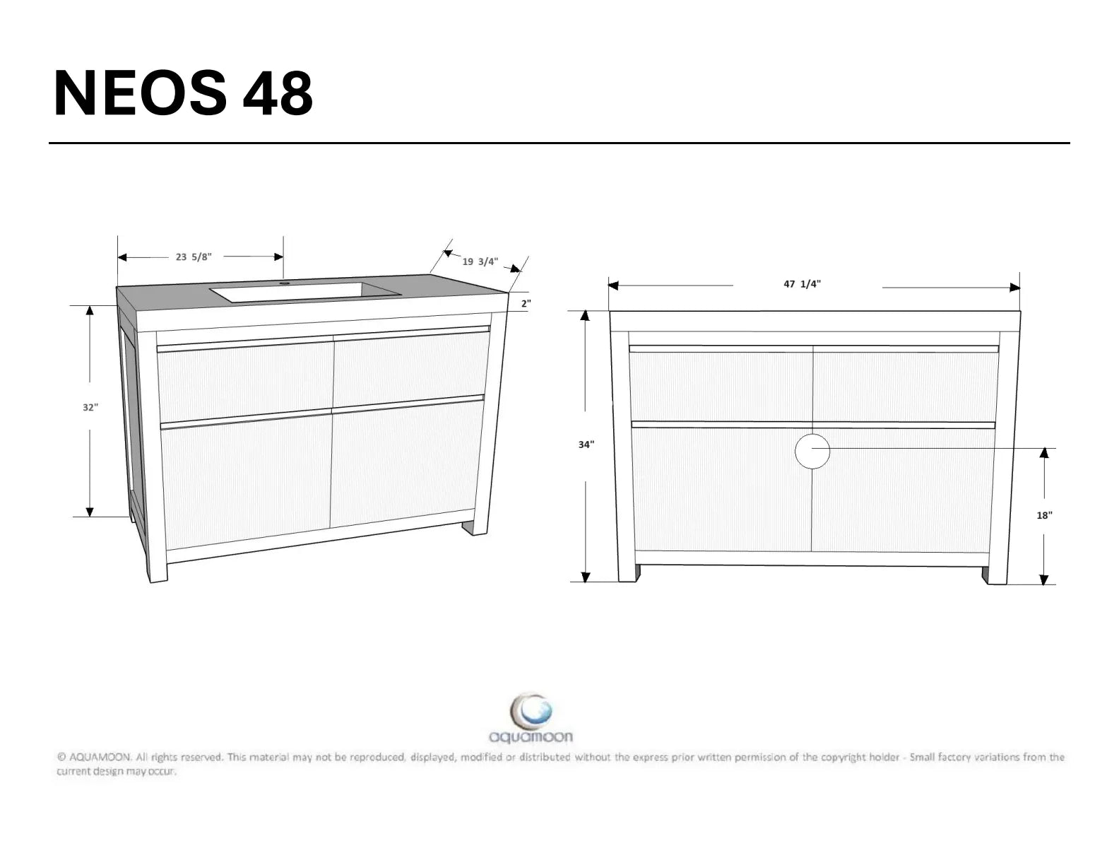 Neos 47.5 Matte Black Cabinet, Square Cultured Marble Sink, Free Standing Modern Vanity Set