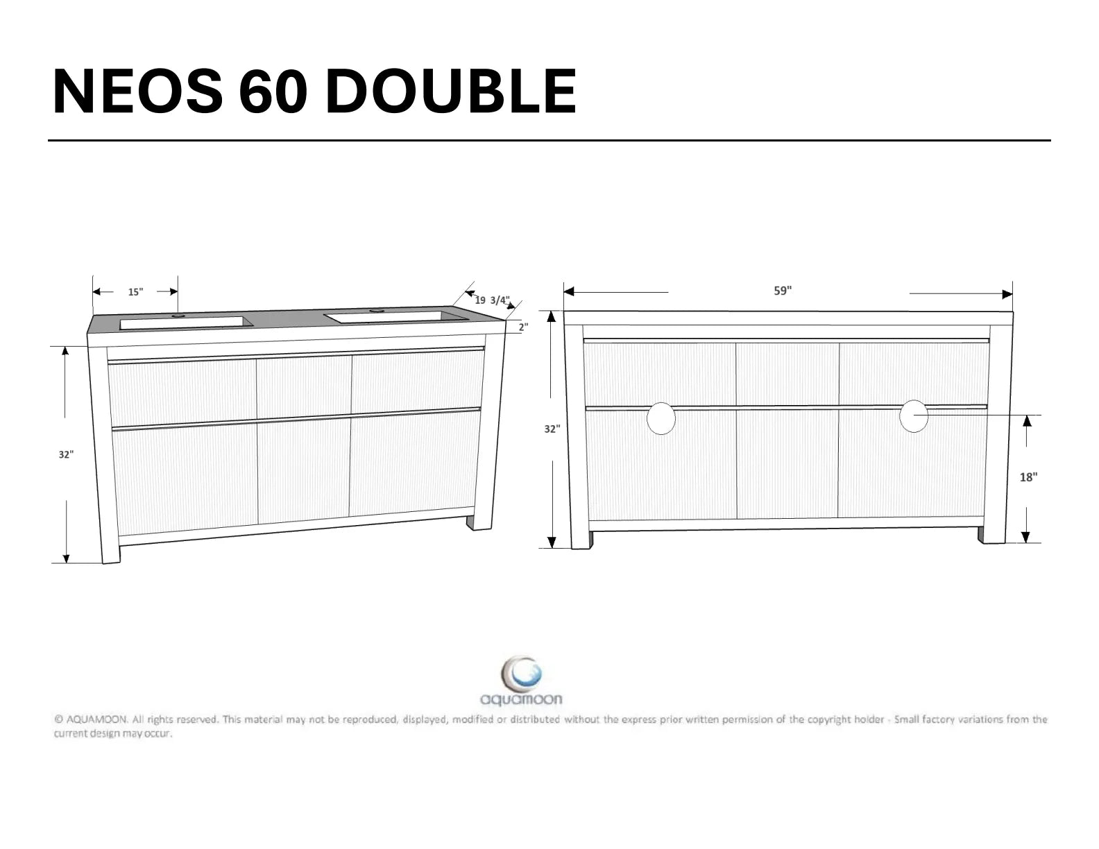 Neos 59 Matte Black Cabinet, Square Cultured Marble Double Sink, Free Standing Modern Vanity Set