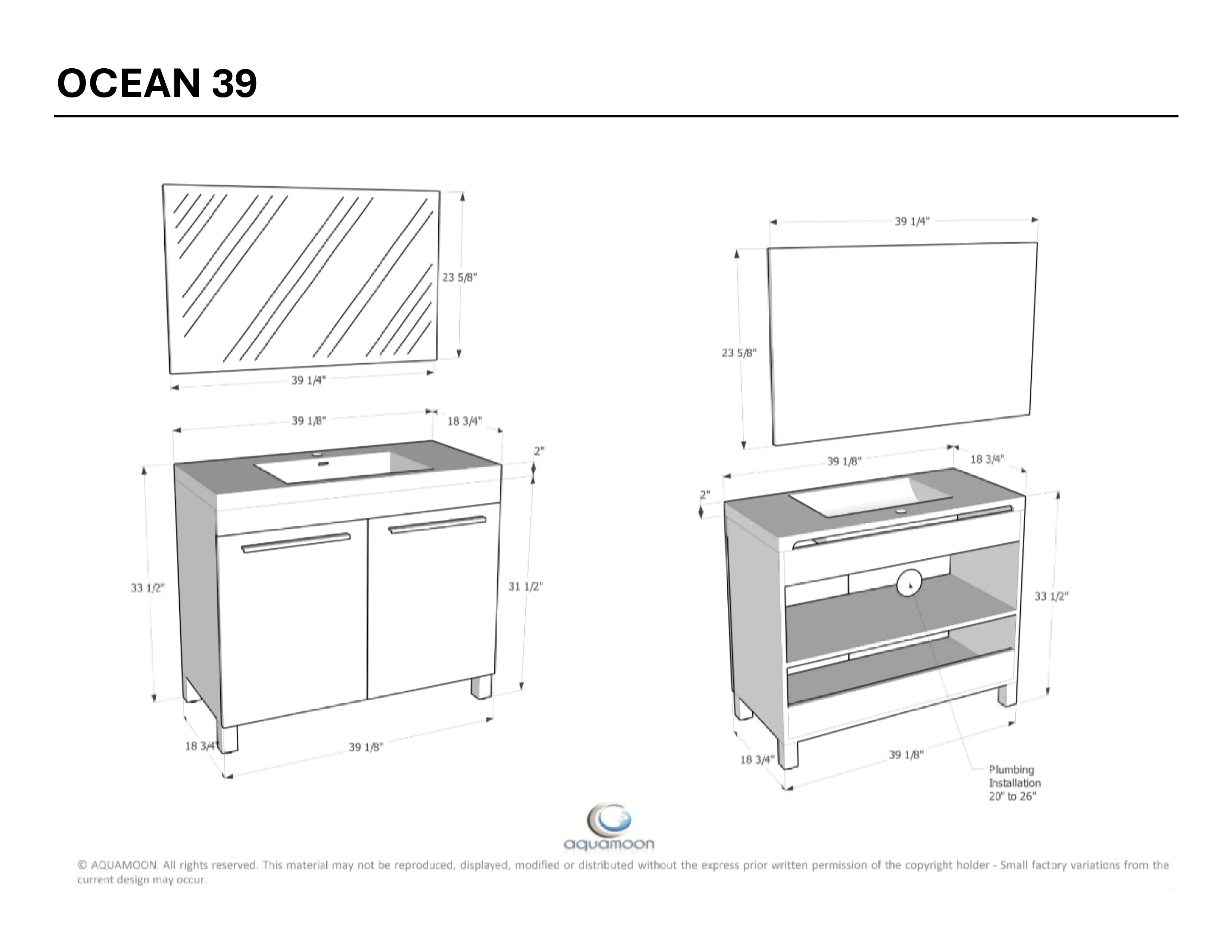 Ocean 35.5 White High Gloss Cabinet, Square Cultured Marble Sink, Free Standing Vanity Set