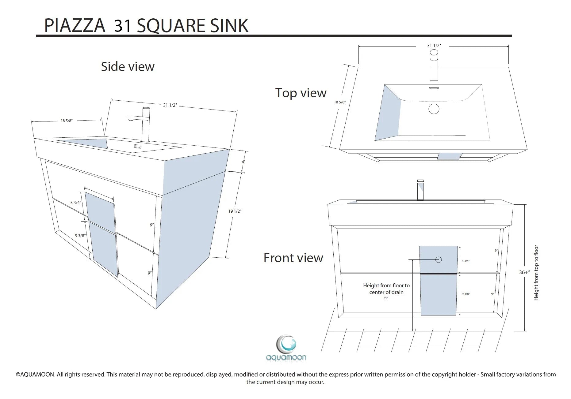 Piazza 31.5 Matte White With Black Marble Cabinet, Square Sink, Wall Mounted Modern Vanity Set