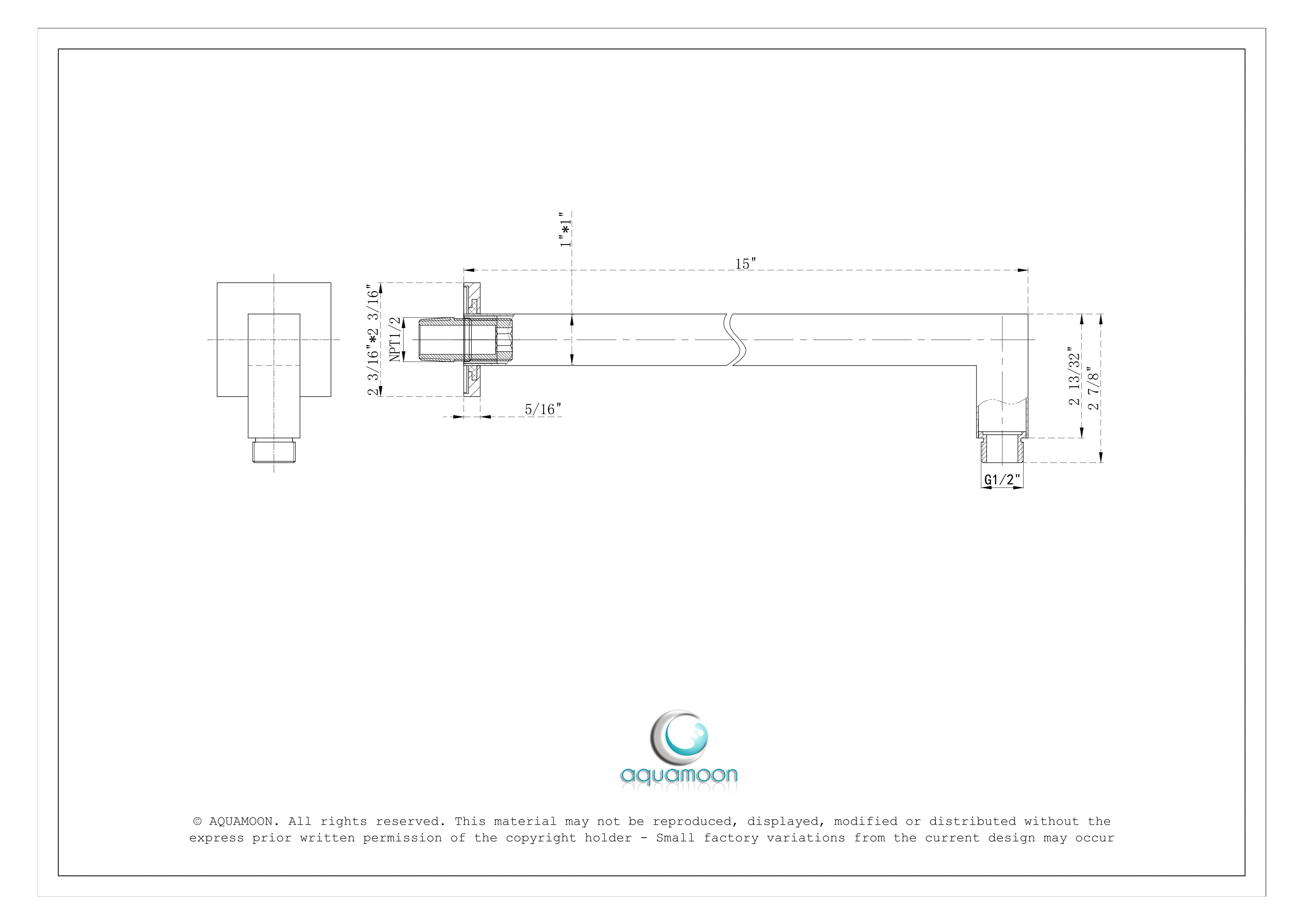 Aquamoon 15" Shower arm Wall Square Chrome with Flange