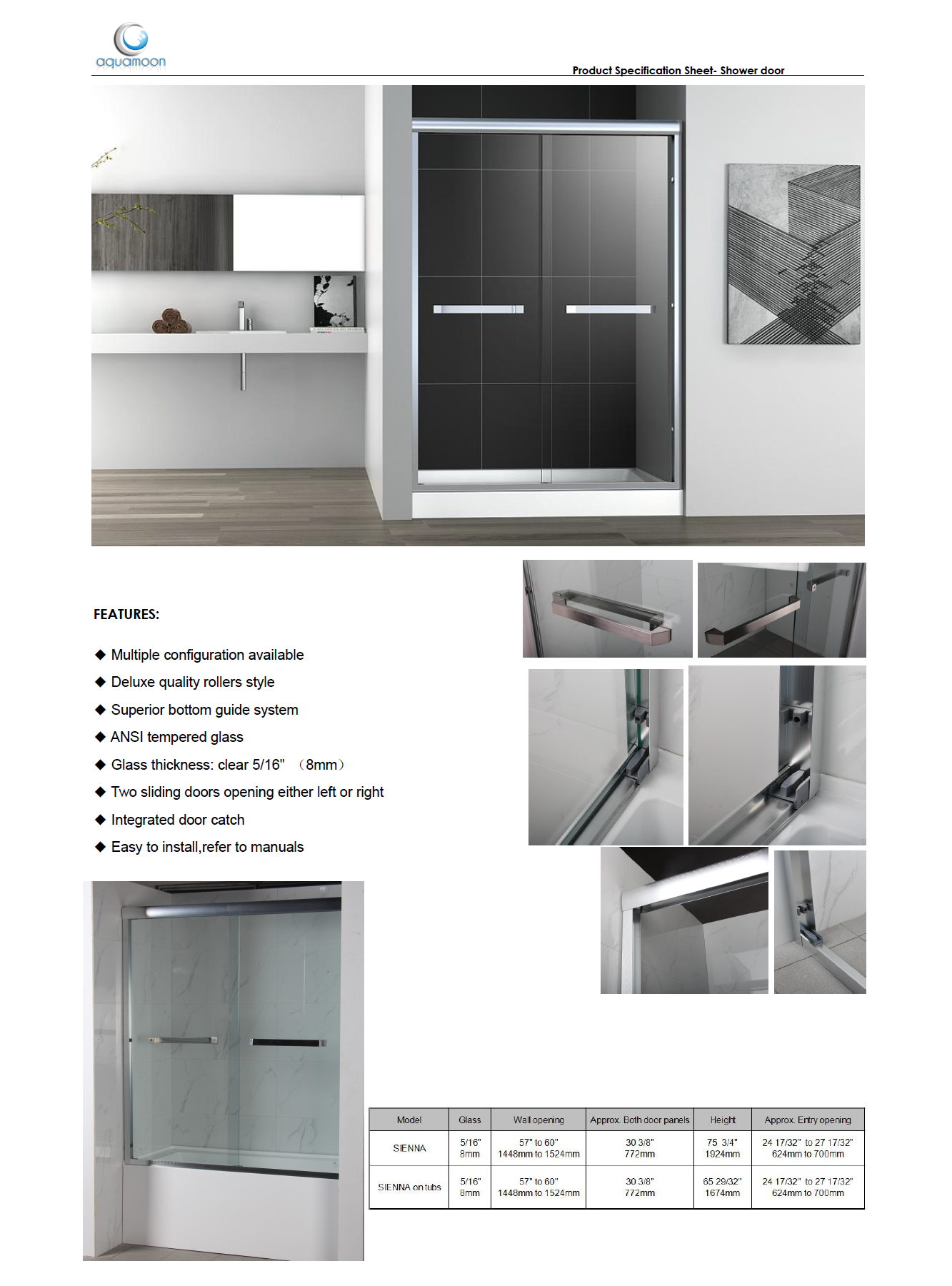 Aquamoon Sienna Framed Shower Door W 60" x H 76", Sliding Panels, Chrome Finish Bath Trends USA