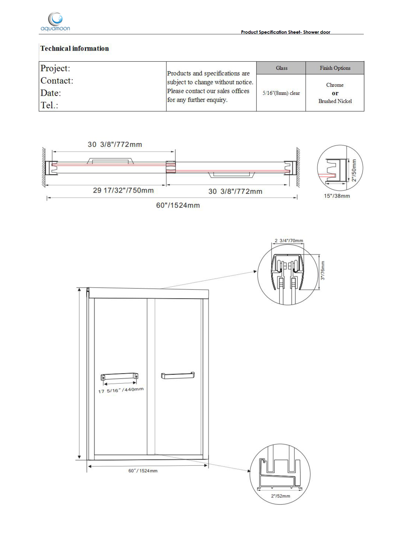 Aquamoon Sienna Framed Shower Door W 60" x H 76", Sliding Panels, Brush Nickel Finish