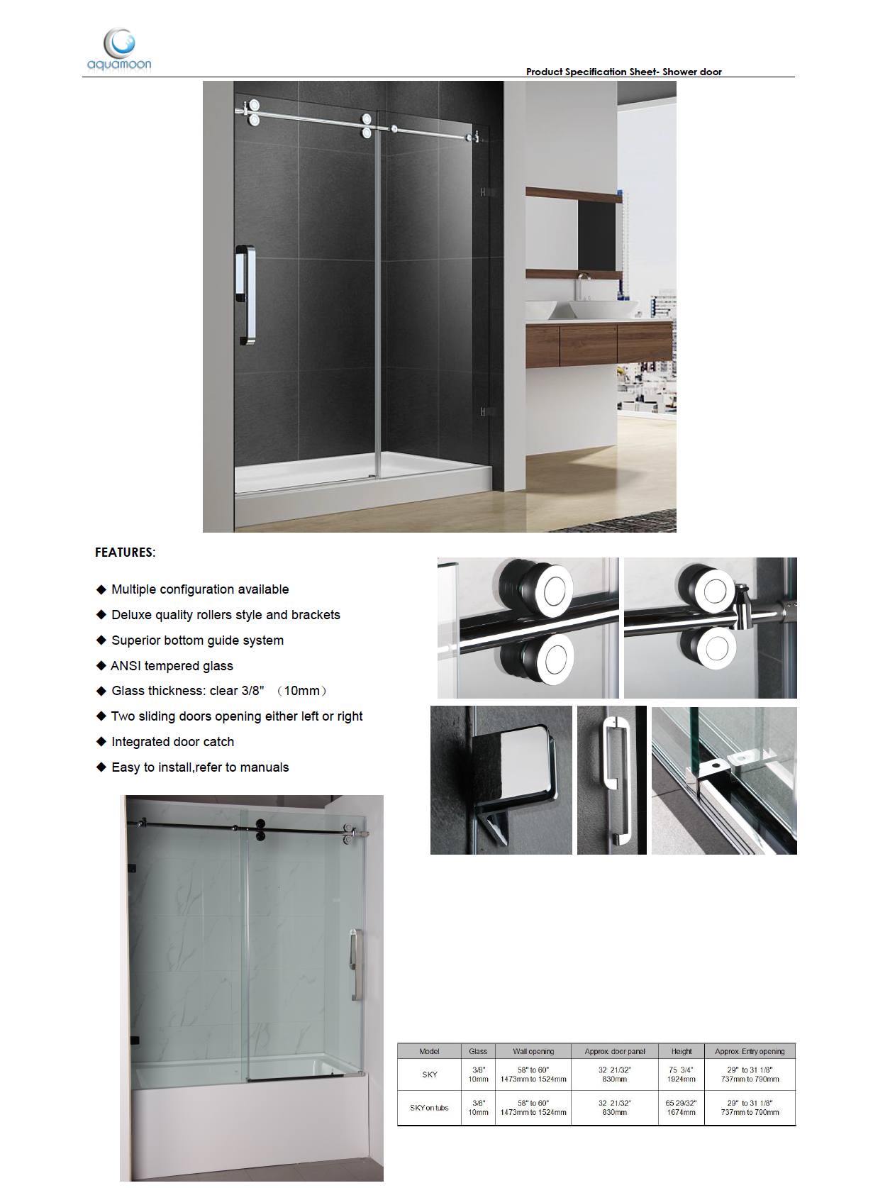 Aquamoon Sky Semi Frameless Shower door W 60" x H 76", One fix Panel, One Sliding, Matte Black Finish