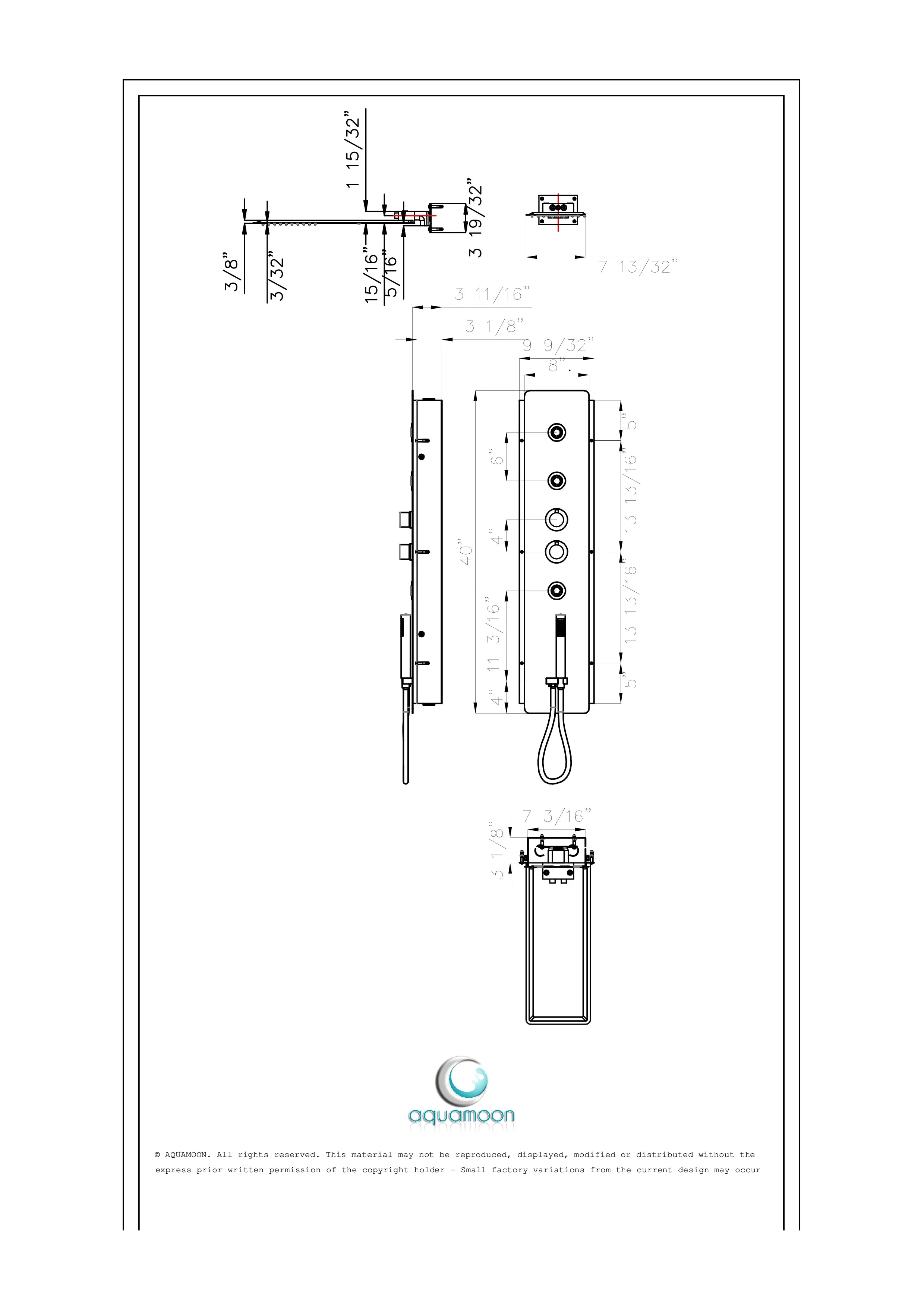 Aquamoon CAPRI Recessed Bathroom Shower Panel 63 x 9.75 with Rainfall Shower Head + Handheld Shower + Massage Body Jets