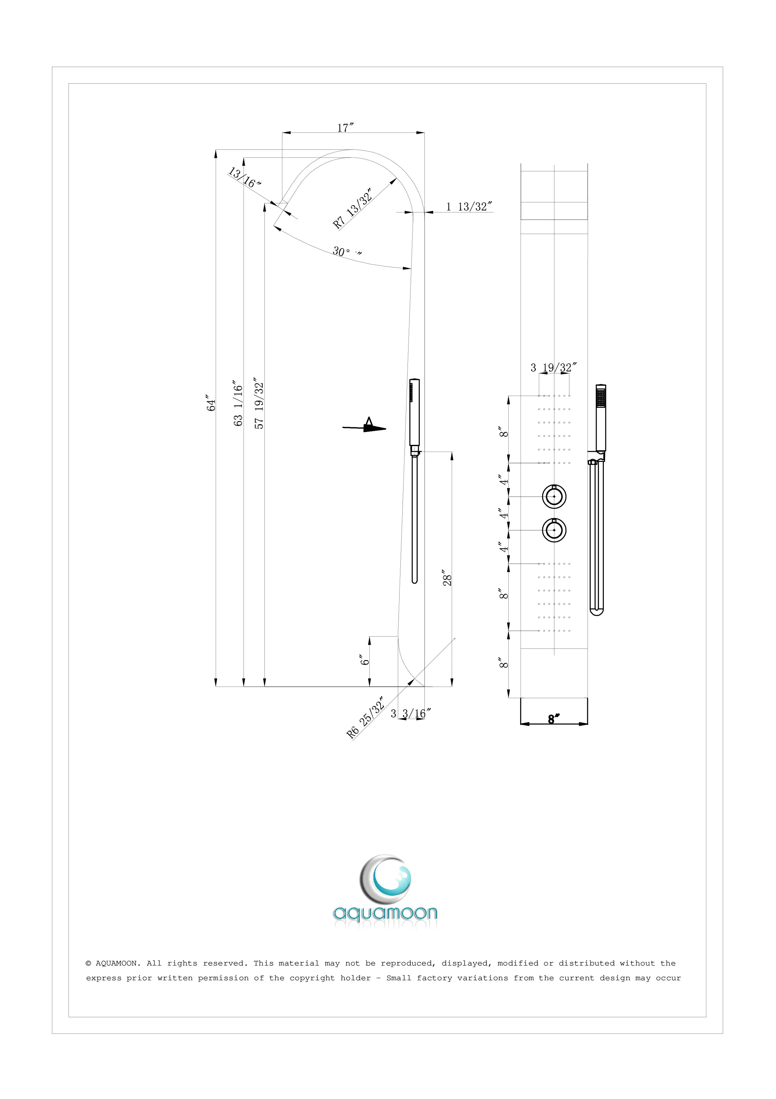 Aquamoon BASTIA Wall Mount Bathroom Shower Panel 60 x 10 with Rainfall Shower Head + Handheld Shower + Massage Body Jets