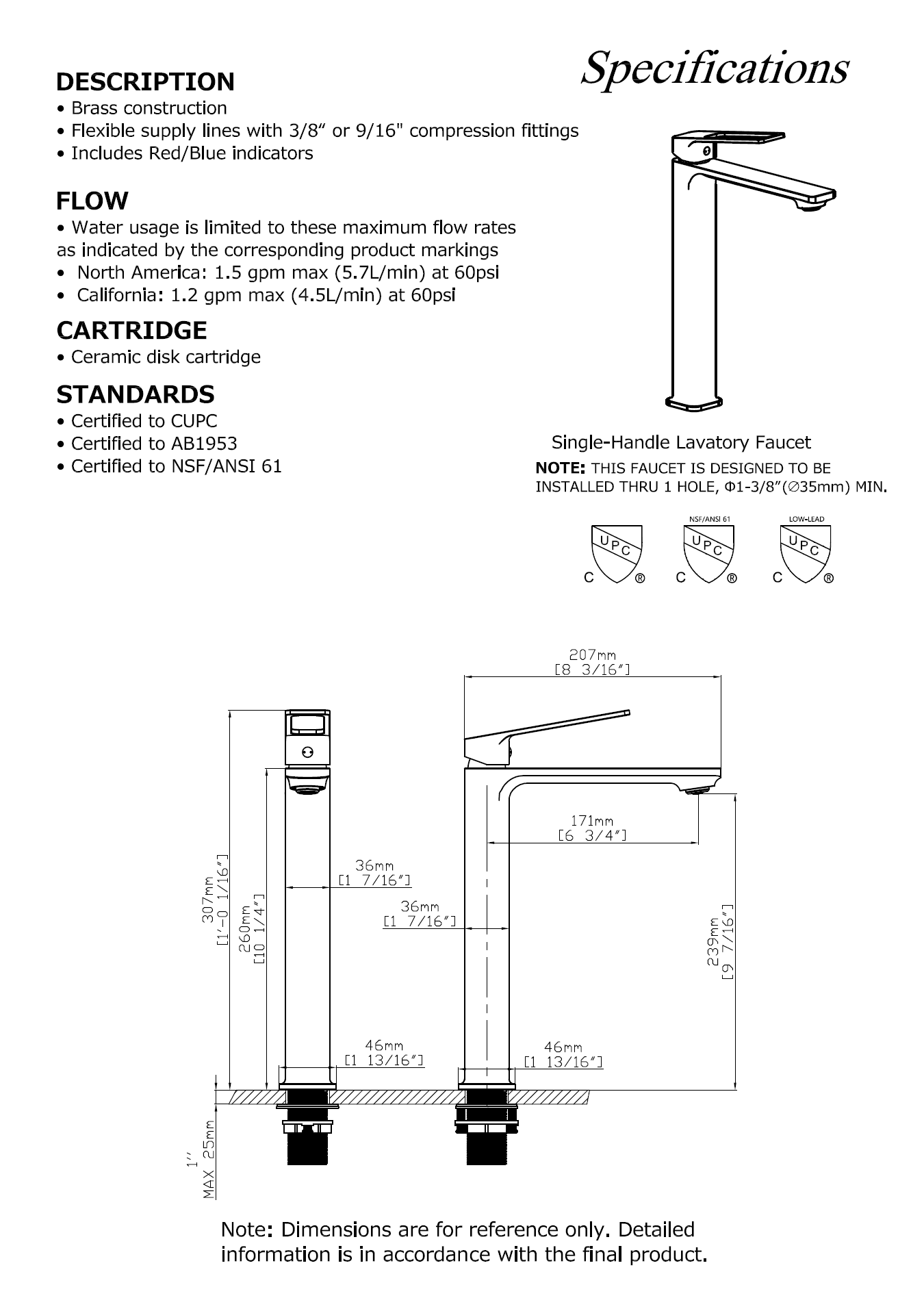 Aquamoon Denali Collection Single Lever Bathroom Vessel Faucet Matte Black Finish