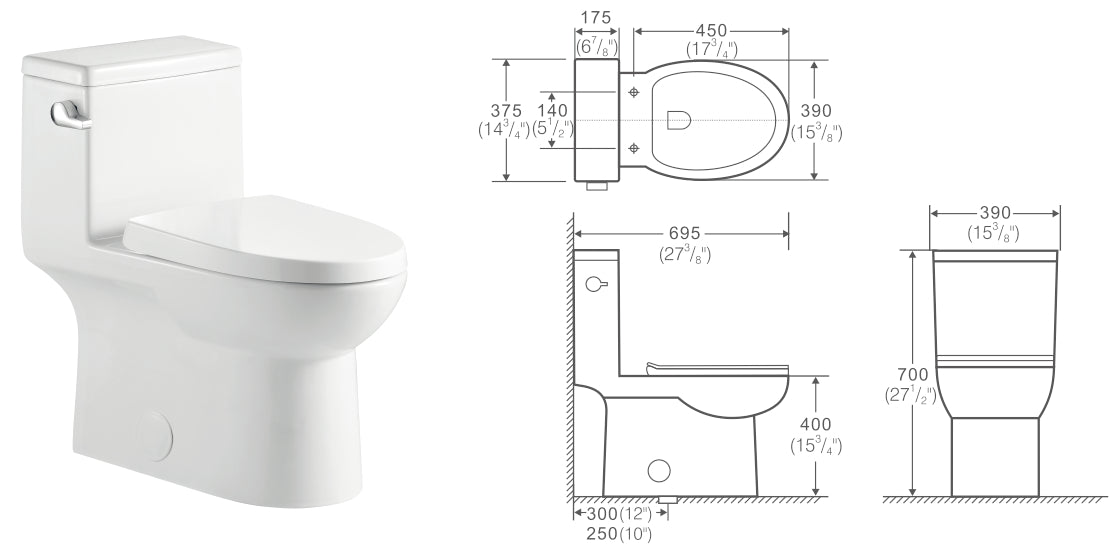 Aquamoon TB 324 Round Front One Piece Single Flush Toilet with Soft Closing Seat