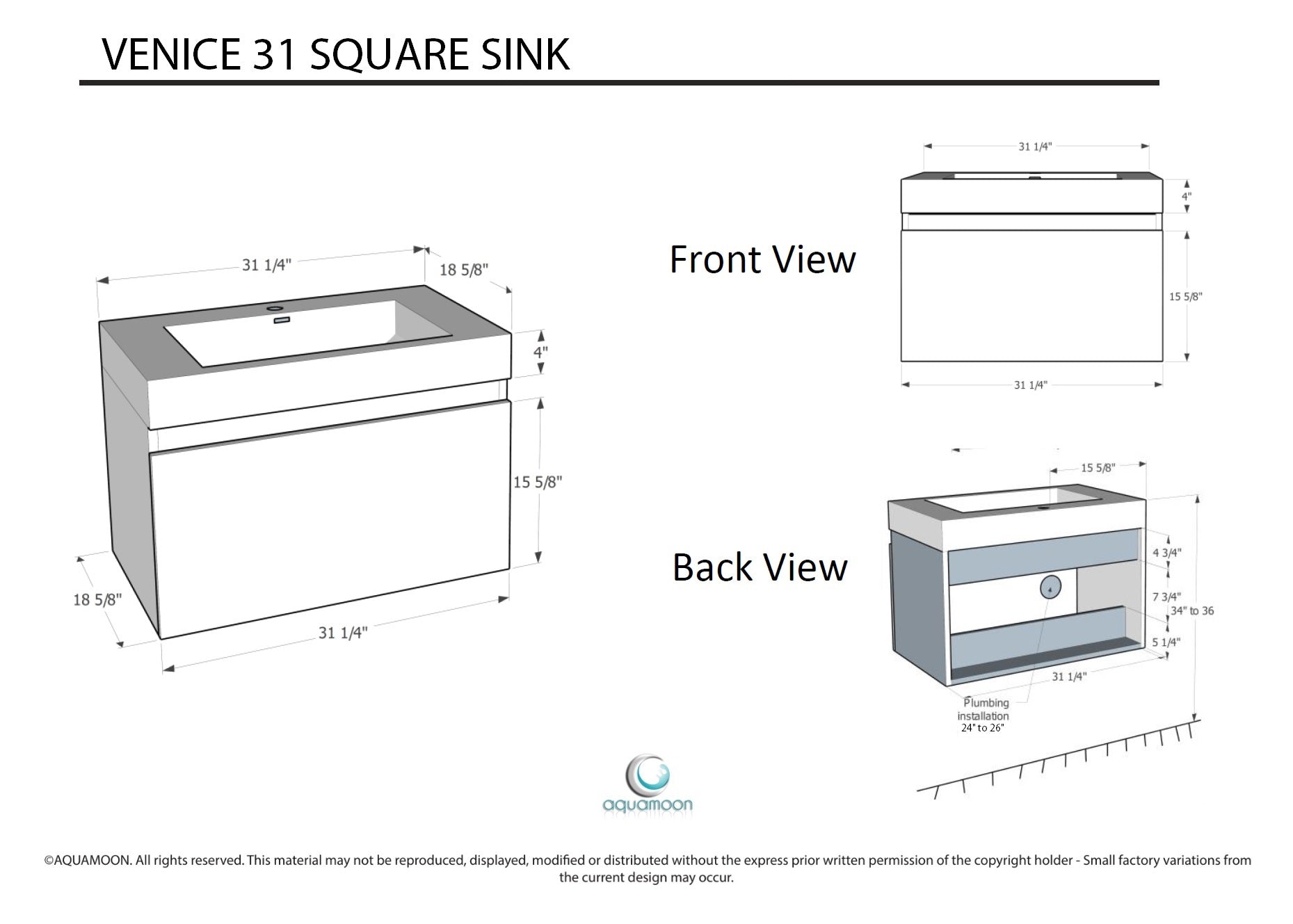 Aquamoon Venice 31" Integrated /Countertop White Square  Sink