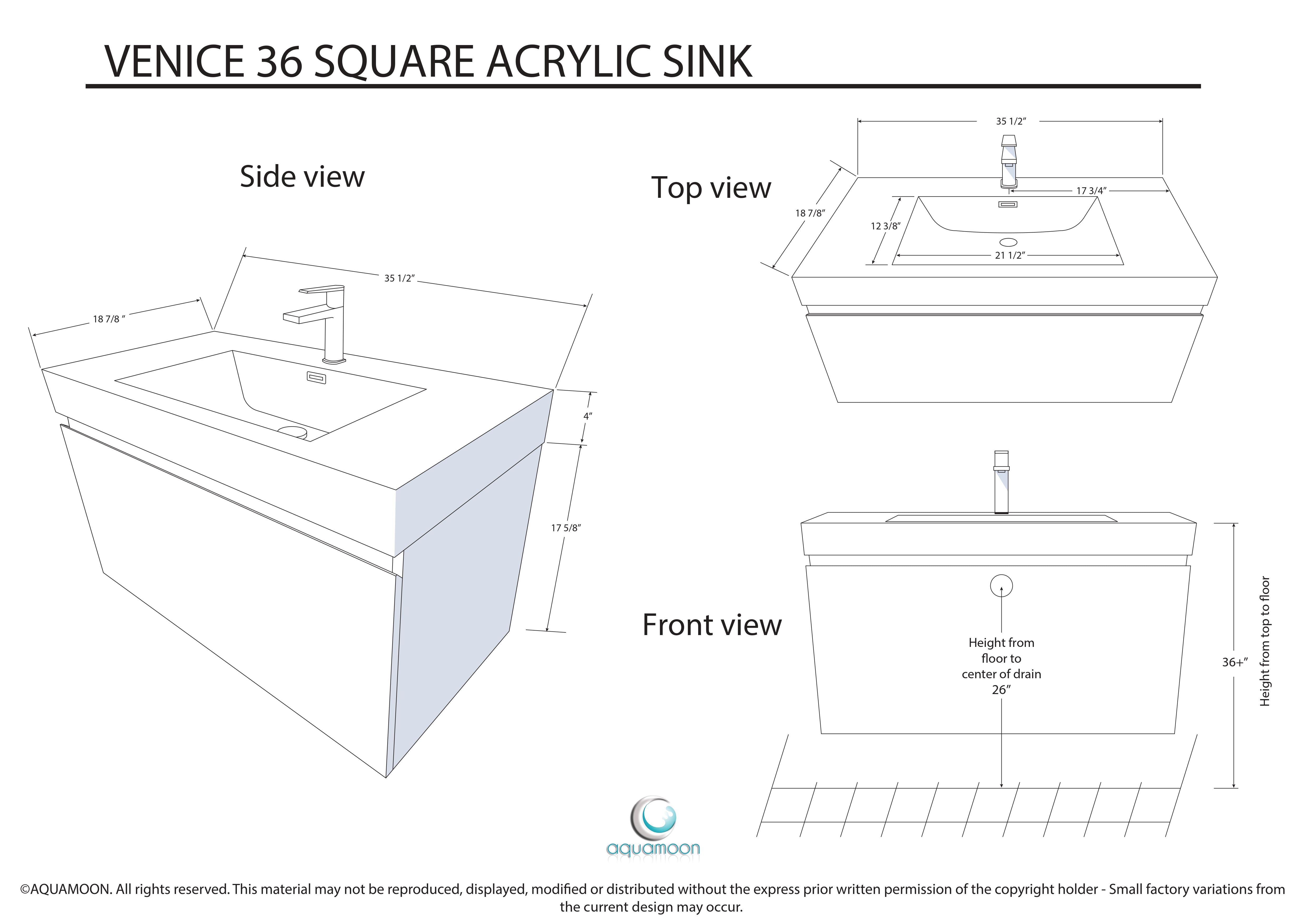 Aquamoon Venice 36" Integrated /Countertop White Square  Sink