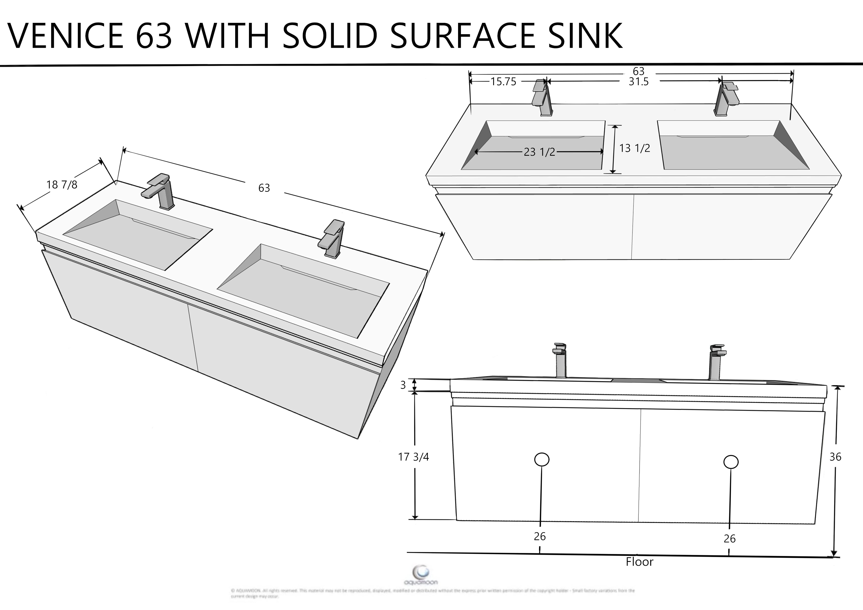 Venice 63 Nilo Grey Wood Texture Cabinet, Solid Surface Matte White Top Carrara Infinity Double Sink, Wall Mounted Modern Vanity Set