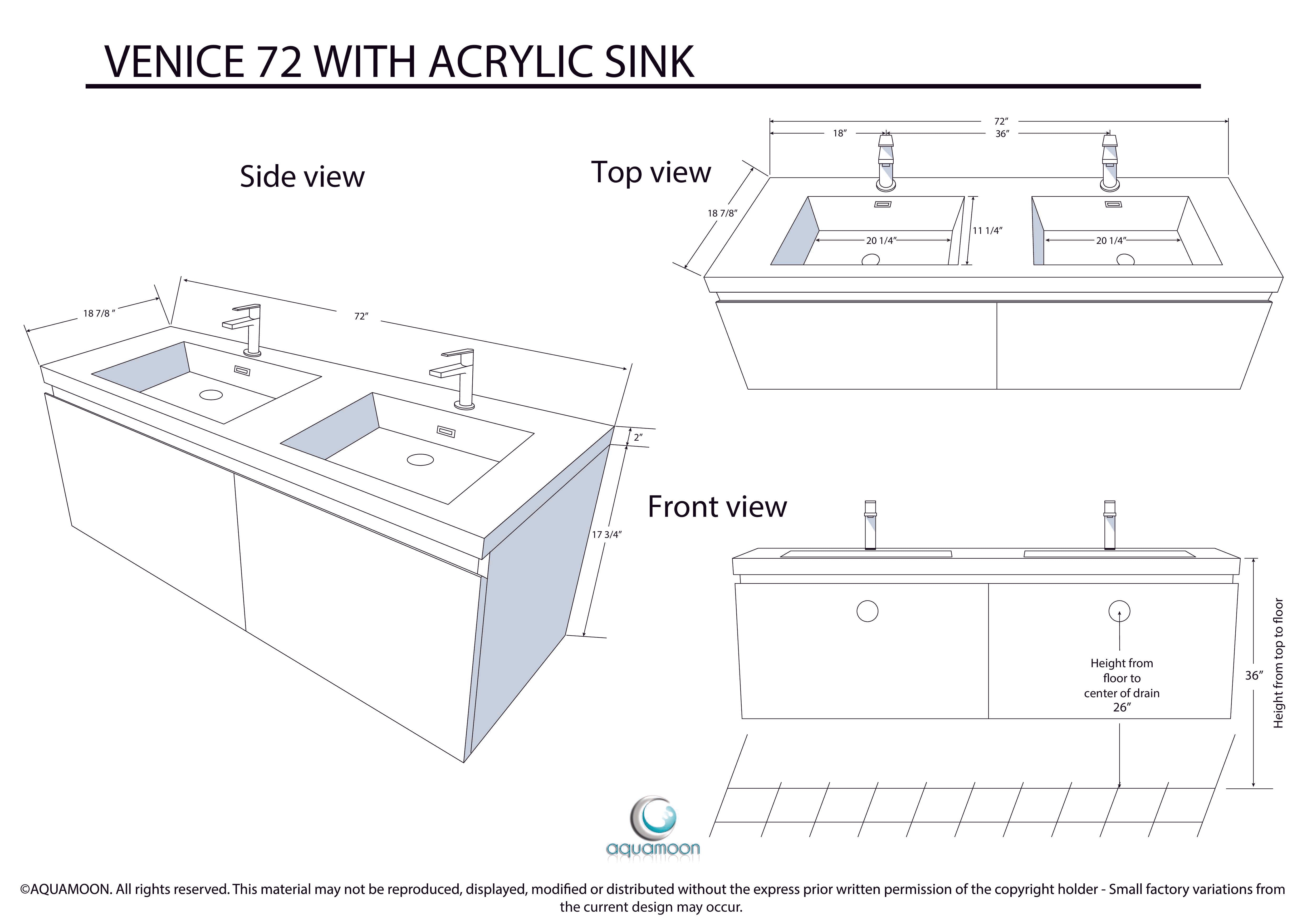 Venice 72 White High Gloss Cabinet, Square Cultured Marble Double Sink, Wall Mounted Modern Vanity Set