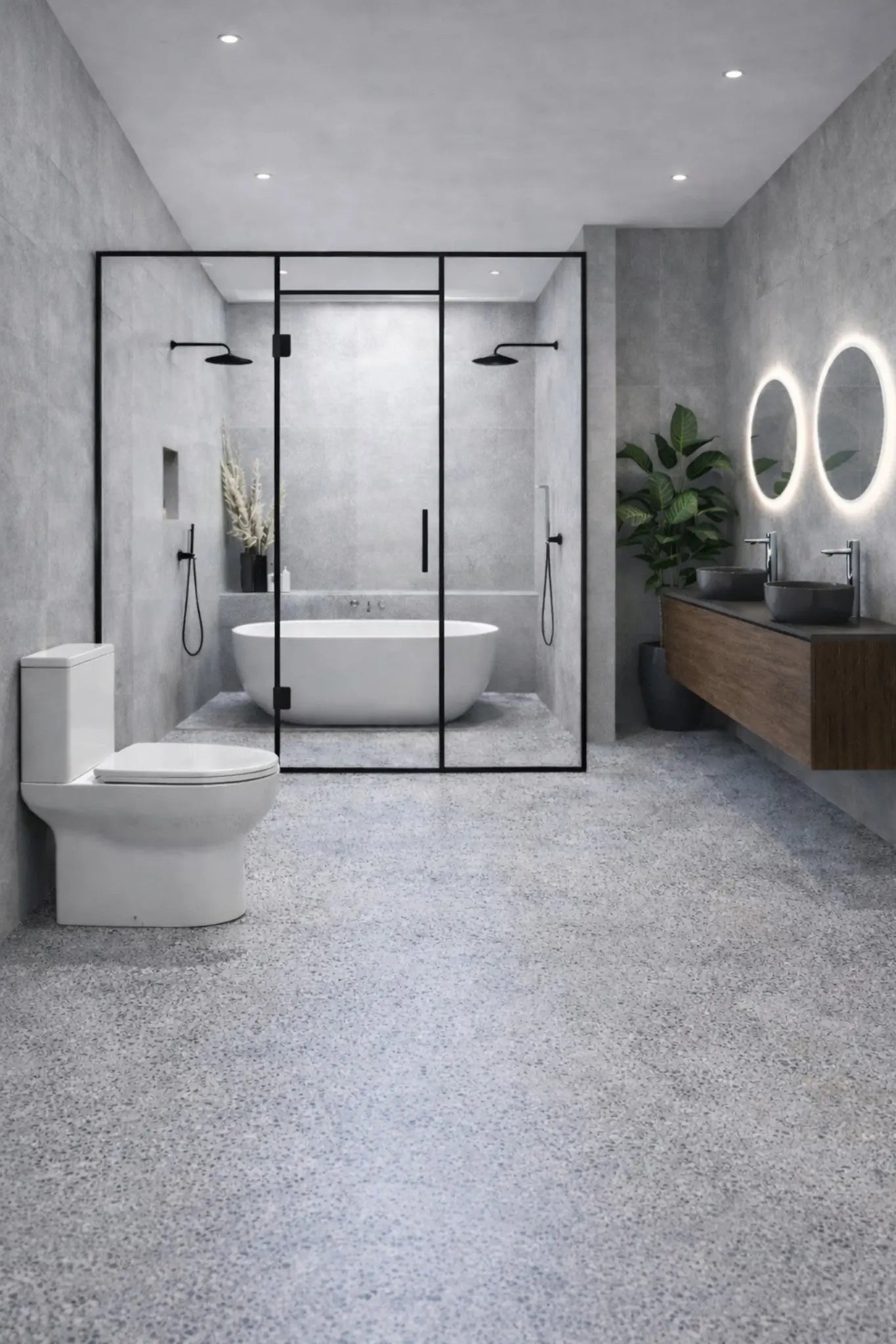 Venice 63 Walnut Wood Texture Cabinet, Solid Surface Flat Grey Counter And Two Round Solid Surface Grey Basin 1153, Wall Mounted Modern Vanity Set 