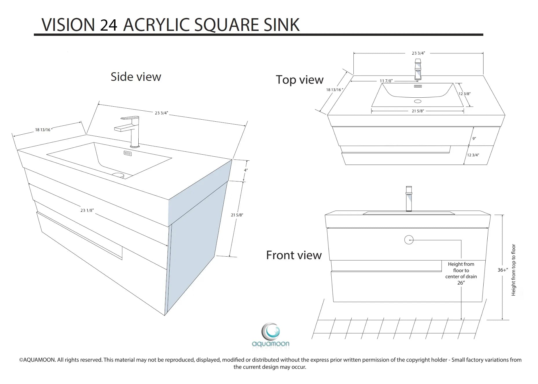 Vision 23.5 White High Gloss Cabinet, Square Cultured Marble Sink, Wall Mounted Modern Vanity Set