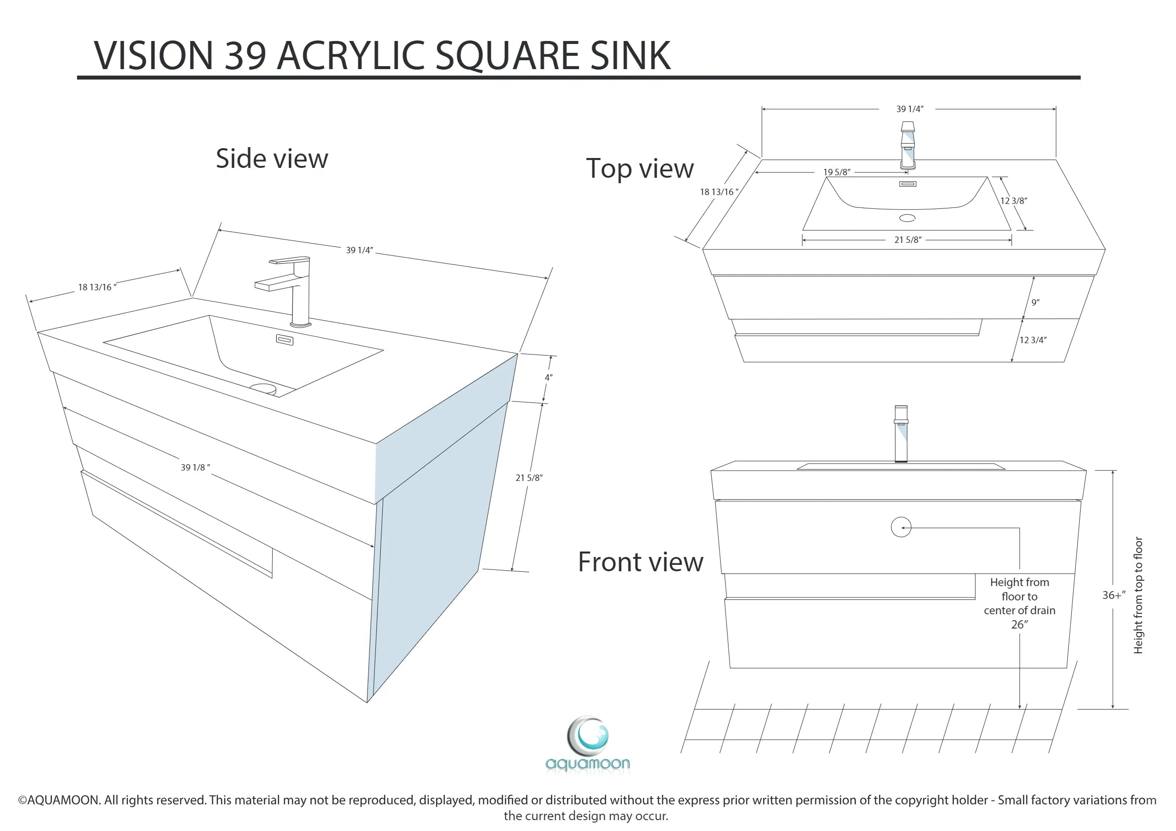 Vision 39.5 Natural Light Wood Cabinet, Square Cultured Marble Sink, Wall Mounted Modern Vanity Set