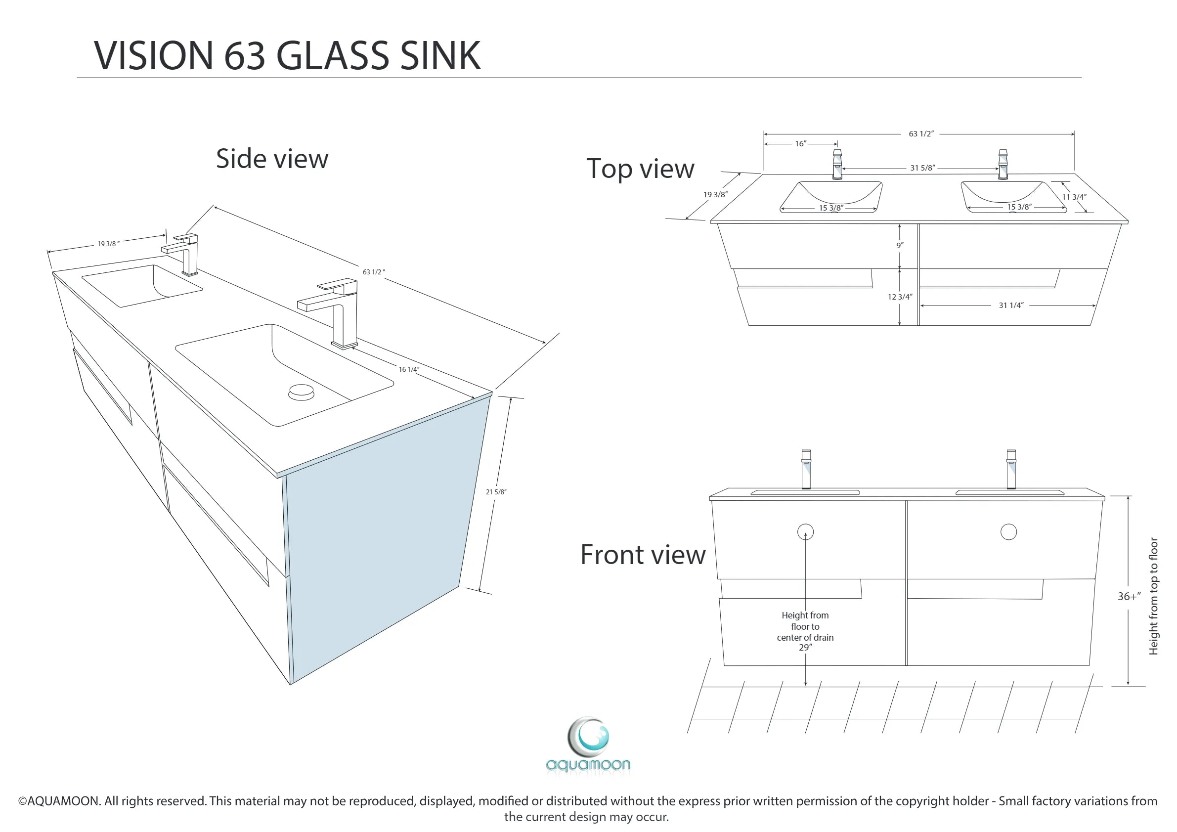 Vision 63 White High Gloss Cabinet, White Tempered Glass Double Sink, Wall Mounted Modern Vanity Set